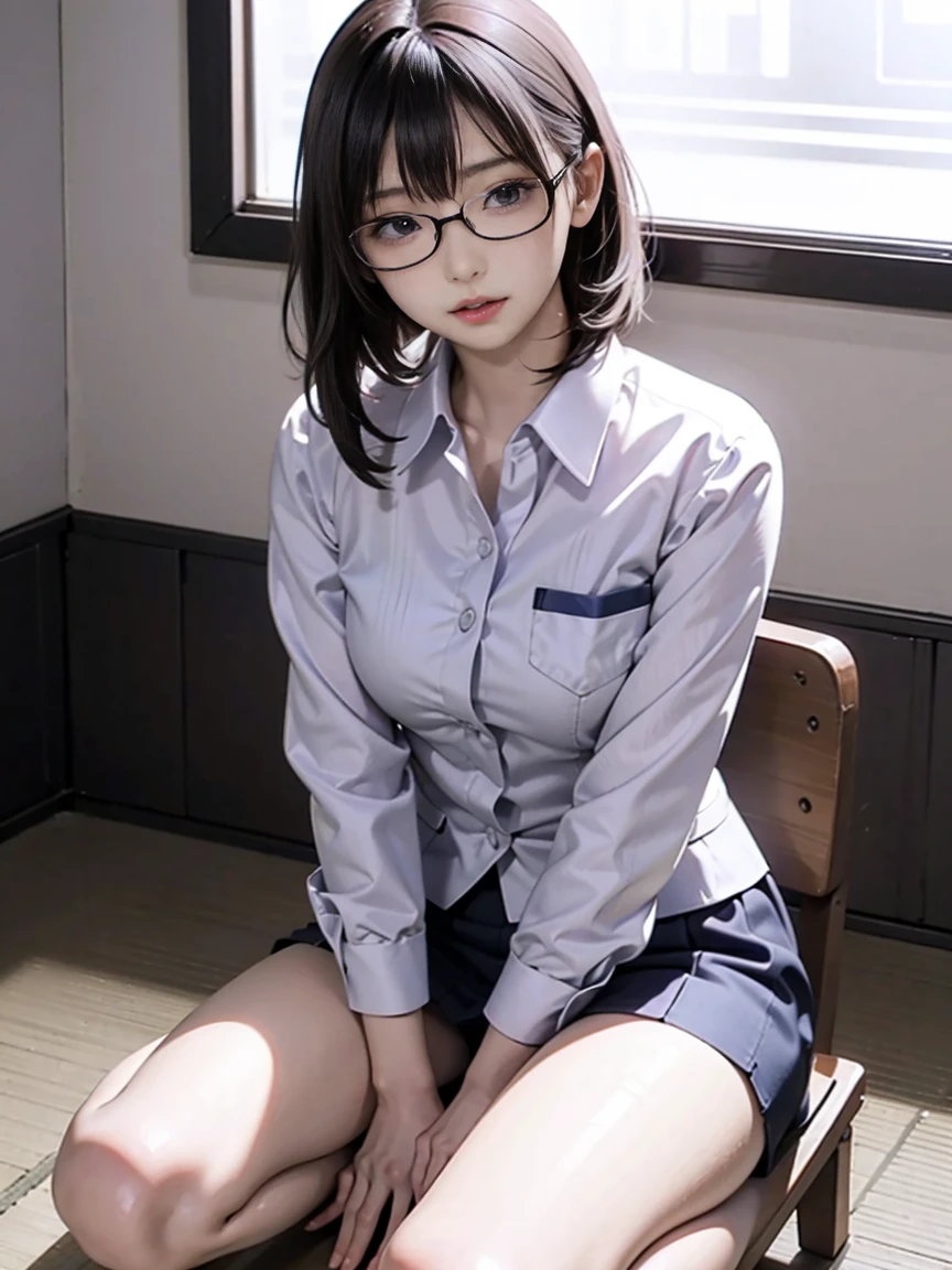 professional women photo, masterpiece, big, 1girl, shiny skin, flirting, from above, (bangs), (sweaty: 1.3), blur background, photo of a woman 20 years old, white very wet see through panties, (white lace see through panties), panty shot, spread legs, skirt up, school uniform, socks, closed eyes, aroused, dark brown hair, blurry background, knee-high, white shirt, loafers, realistic, lips, Brown eyes, Black socks, Tie, Dark blue pleated skirt, Sideways, Brown footwear, Top quality, Ultra detail, School classroom, Angle from below, Glossy skin, Shiny skin, Sweaty on thighs, Long eyes, Mature beautiful face, Seductive eyes, Lifting thighs, Backlit, Navy blue blazer uniform with patches, bent at the waist, M legs,(blush),