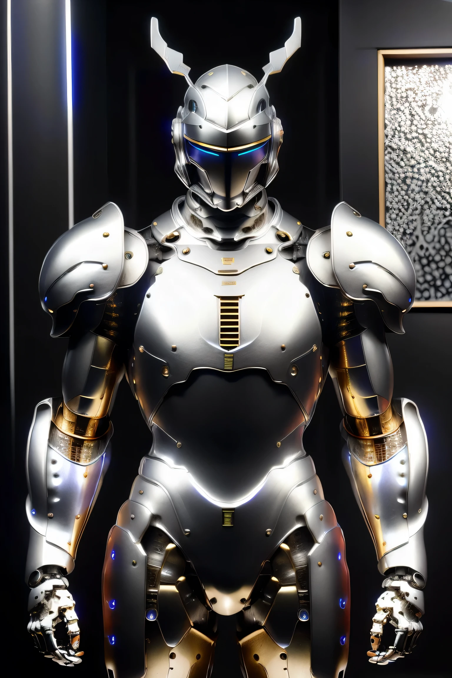 (metallic: 1.5, silver suit: 1.5), (Japanese hero), (mech bodysuit with swords: 1.5), whole body, ((Night view: 2.0)), cyberpunk, Eyes glowing red, Suit parts are large , Lots of LEDs, ( antennae to raise arms in front of you), Unreal Engine 5, High image quality, best quality, High Resolution , Super detailed, Fine painting, Extremely delicate, professional, anatomically accurate, creativity, RAW Photos, 超 High Resolution , 32K, Natural Light, Cinema Lighting, masterpiece-anatomy-perfect, masterpiece:1.5, (Portrait), (Helmet with ), (was a mecha)