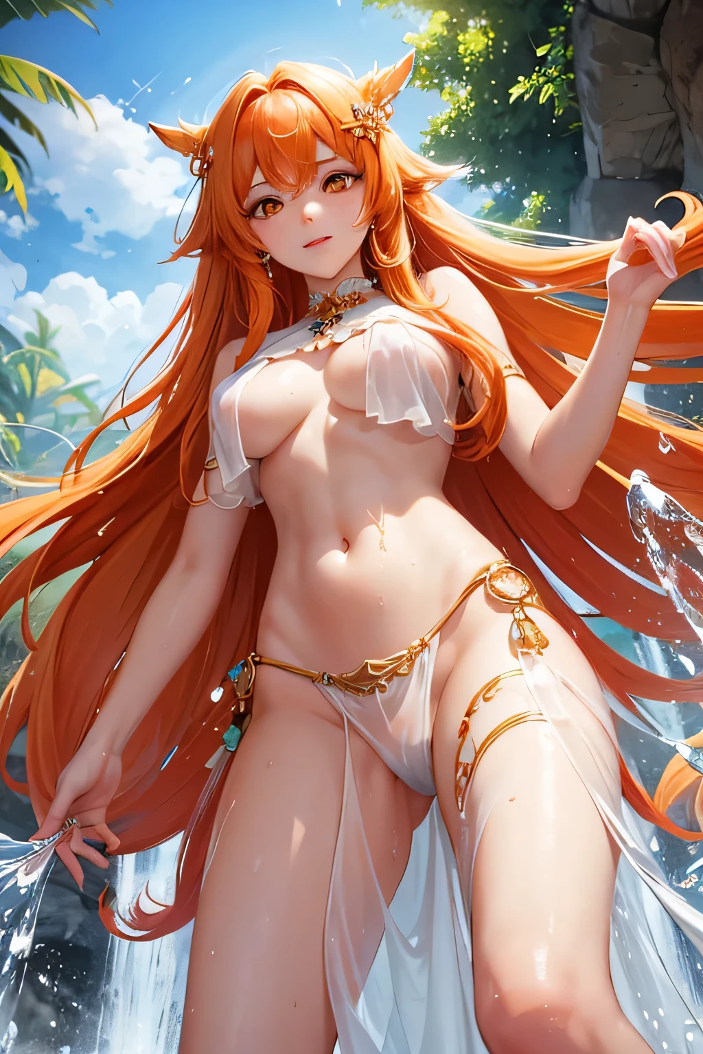 Beautiful princess, completely naked, from the back, full-bodied, fit, big, round, perky breasts, thin waist, ripped belly, thick legs, big ass, medium-sized sword grip, short orange hair, well-detailed face, bright colors , dramatic colors, vaporwave