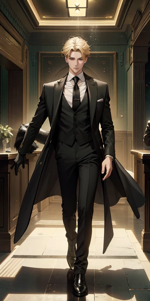  High Resolution ,Fine image quality ,Fine skin, black hair flowing backwards ,Beautiful man ,Expressionless, shaking the shaker with both hands ,Standing posture, black shirt with no collar vest,Bar staff,Black leather shoes, slender black pants , engine colored tie 