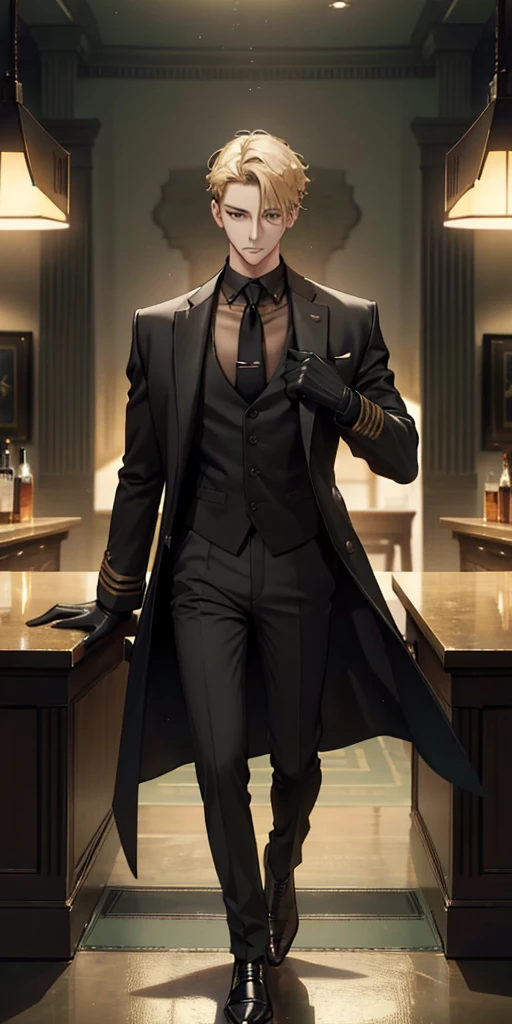  High Resolution ,Fine image quality ,Fine skin, black hair flowing backwards ,Beautiful man ,Expressionless, shaking the shaker with both hands ,Standing posture, black shirt with no collar vest,Bar staff,Black leather shoes, slender black pants , engine colored tie 