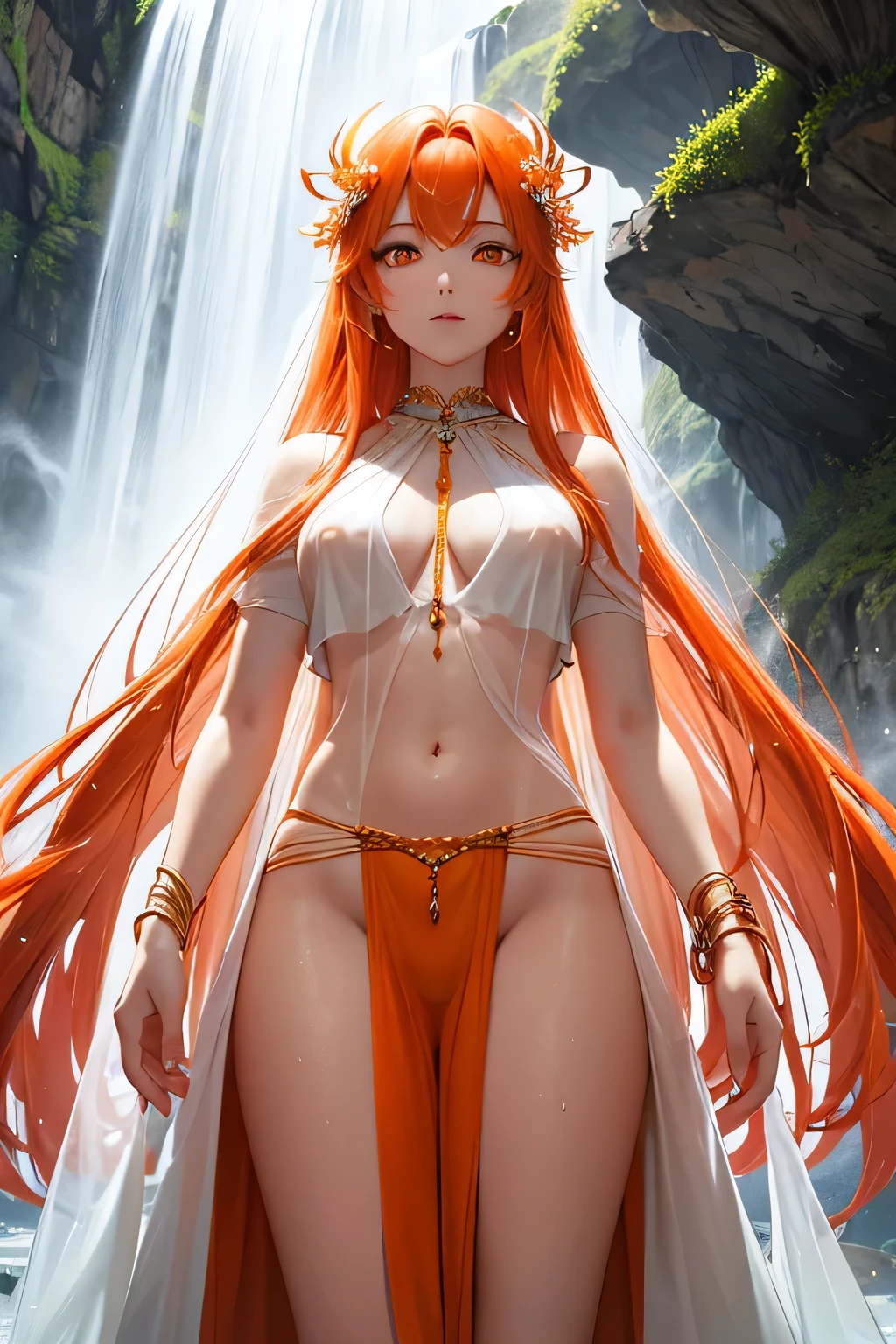 Orange long hair、hime-cut、Golden Eyes、eye glasses、ssmile、early age girls、flat chest、Thin pubic hair、Beautiful open legs、Light bathrobe、grass field