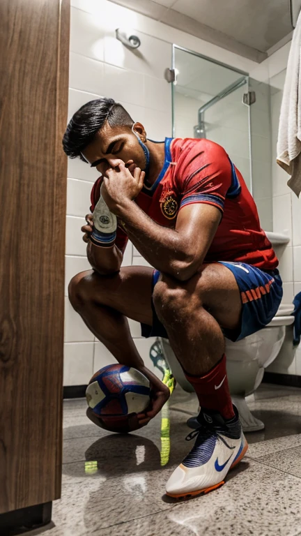 A indian smelling his football soccer cleats shoes in handin washroom, masterpiece 