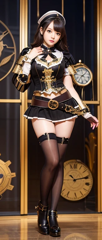 Gorgeous idol knight girl、whole body、Good style、、、、、、、、、、Thick legs、Clock Print Steampunk Armor Uniform（Black and Gold）、Clock Belt、A pure girl&#39;s face、、、、、、Luminous watch　