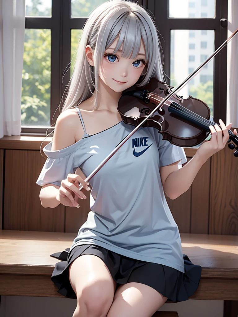 8k, Best Quality, The real picture,  complicated details, Very detailed,  super high definition, Depth Field, ( realistic, realistic), Tabletop, (( shot above the knee)),  1 girl, ((playing violin)), violin, bow \(music\), spring, off-shoulder top, ((stand)), eye_Chan,  so beautiful, innocent big eyes, Beautiful breasts, 非常に詳細なeye,((Silver Hair)), ( short semi long hair), (Asymmetrical bangs), (smile), ((Light blue Nike long t-shirt)), ( black miniskirt in a window seat)