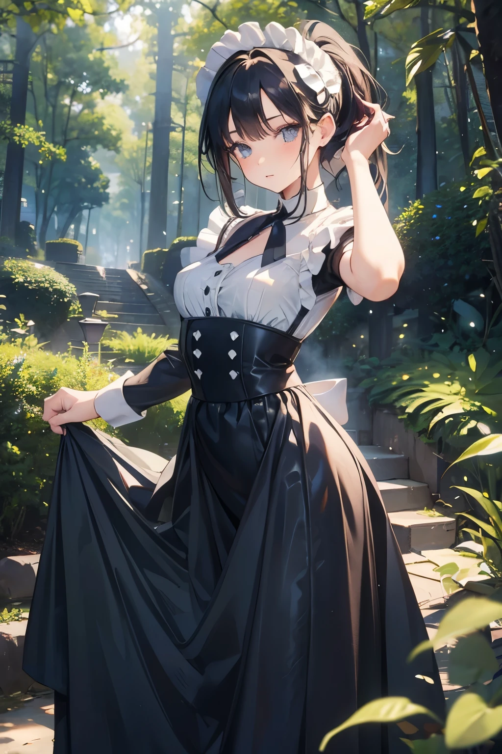 masterpiece,Best Quality, very detailed ,beautiful girl, ager,Maid, long skirt,Outdoor,Mansion,Night Forest,Small breasts, thin waist, black hair ponytail , perfect eyes, very cute,Active pose