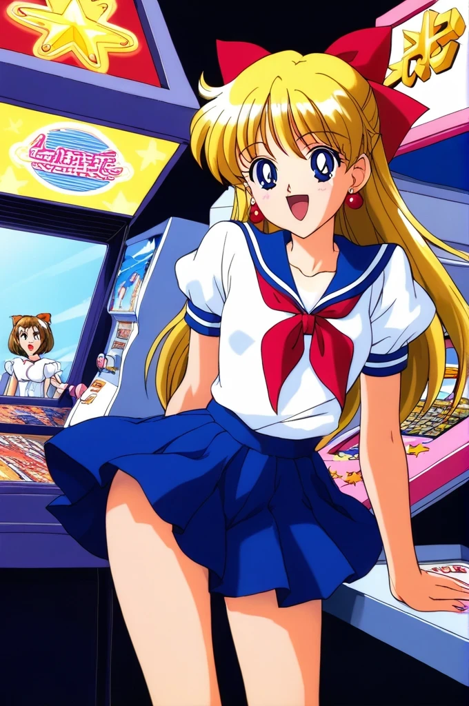 score_9,score_8_up,score_7_up,score_6_up,score_5_up,score_4_up,source_anime,
(masterpiece,highest quality,Super detailed,8k,High resolution,an extremely delicate and beautiful,Official Art,Perfect Anatomy:1.5),((90s anime,90s anime style,Cel-shaded anime,anime screencap,anime coloring:1.25)),(solo:1.5),
perfect face,beautiful,sexy,athletic body,shiny skin,
((aavenus,aino minako:1.52)), long hair, blonde hair, hair bow, tiara, earrings, blue eyes,
red bow, school uniform, solo, bow, serafuku, sailor collar,neckerchief, short sleeves, red neckerchief, blue sailor collar,((Arcade:1.17))