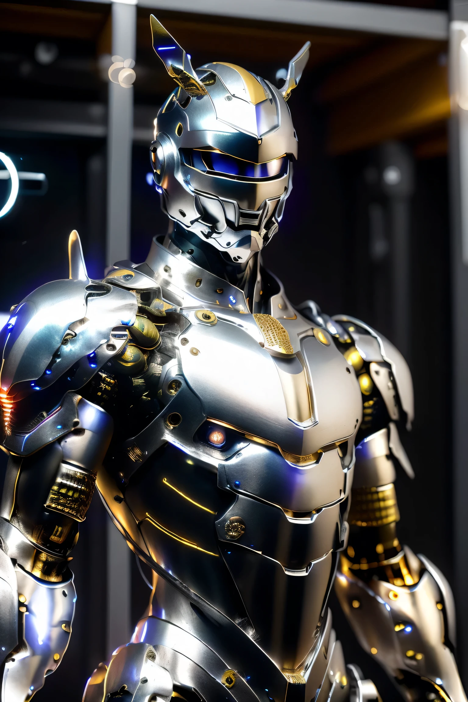 (metallic: 1.5, silver suit: 1.5), (Japanese hero), (mech bodysuit with swords: 1.5), whole body, ((Night view: 2.0)), cyberpunk, My eyes are shining brightly, Suit parts are large , Lots of LEDs, ( antennae to raise arms in front of you), Unreal Engine 5, High image quality,  best quality,  High Resolution , Super detailed, Fine painting, Extremely delicate, professional,  anatomically accurate, creativity, RAW Photos, 超 High Resolution , 32K, Natural Light, Cinema Lighting, masterpiece-anatomy-perfect, masterpiece:1.5, (Portrait), (action pose), (was a mecha), running towards viewer , dynamic pose