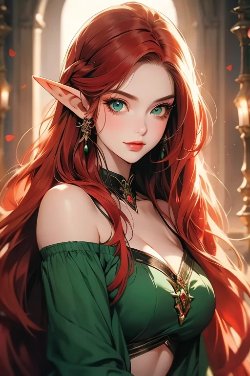 Vibrant eyes,detailed,Off shoulder, plump breast,3/4 portrait images of a woman elf with ((long straight red hair)), Green Eyes, Pale skin, Fierce eyes, feline smile, She&#39;s wearing a medieval leather coat, on dark landscape, Symmetrical face, ((Symmetrical eyes)), photography realist, photography, masterpiece, realist, Realism, Rendering, High contrast, Capture photorealistic digital art trends on Artstation 8k HD , detailed, Texture, hiper detailed, Textura Realist da pele, armor, better quality, 超high resolution, (photographyrrealist: 1.4), high resolution, detailed, photography crua, Sharp Reinsurance, author：lee jeffreys nikon d850 film stock photography photography 4 kodak camera portra 400 lens f1.6 ultra-realistic textures in rich colors dramatic lighting unrealistic engine popular anime style on artstation cinestill 800, 4K分辨率masterpiece, best quality, (Extremely detailed CG Unity 8K wallpaper), (best quality), (Best Illustration), (The best shadow), Absurd, realistic lighting, (abyss), Beautiful and delicate light