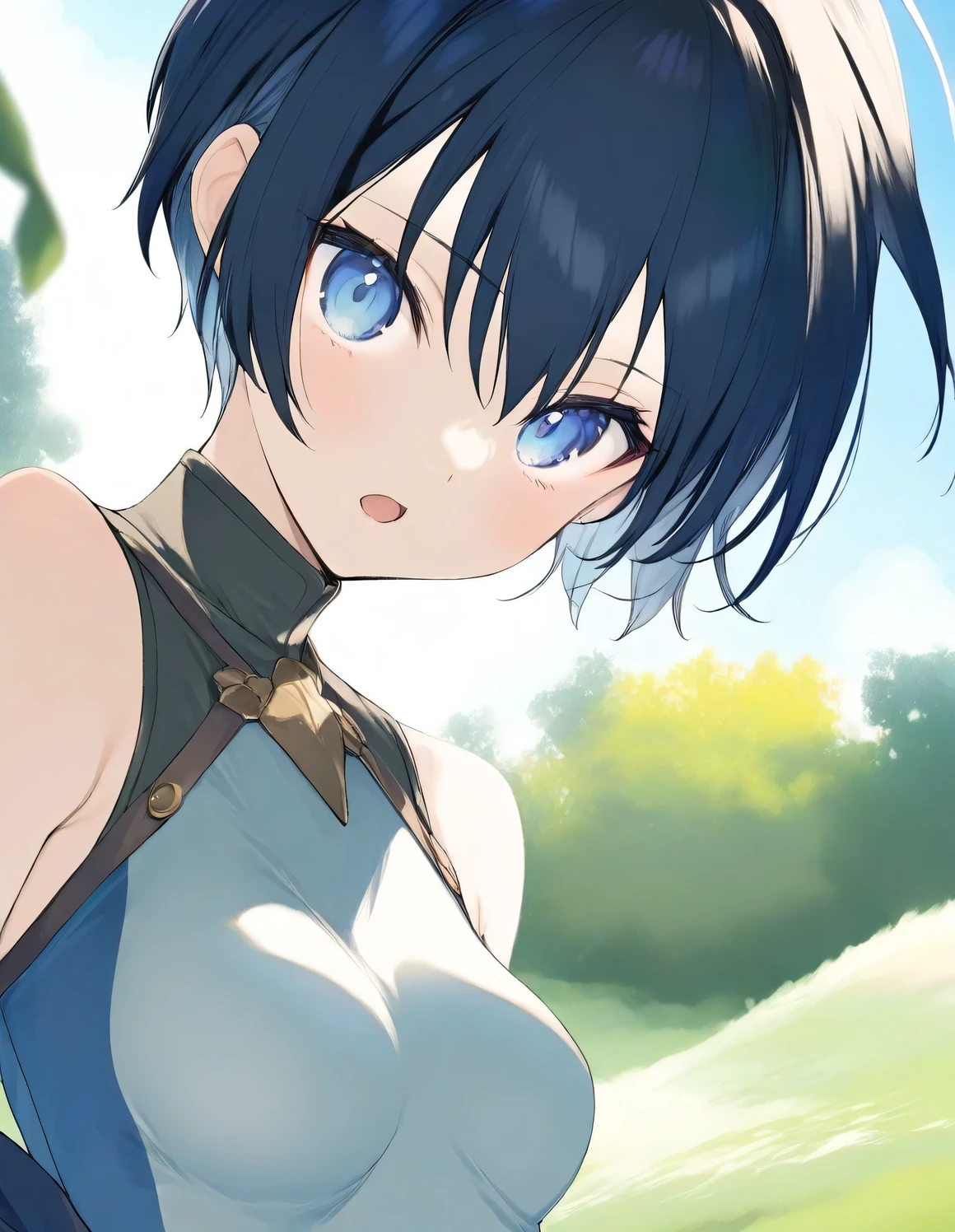 1girl, tomboy, small breasts, open mouth, outdoors,wind, fantasy, break,((artist:fujiyama)),(artist:akinashi_yuu:0.5),(masterpiece), (best quality), (ultra-detailed), very aesthetic, newest, beauty illustration,super detailed skin, detailed eyes, absurdres, highres,Best Detailed lighting,8k,game CG, 