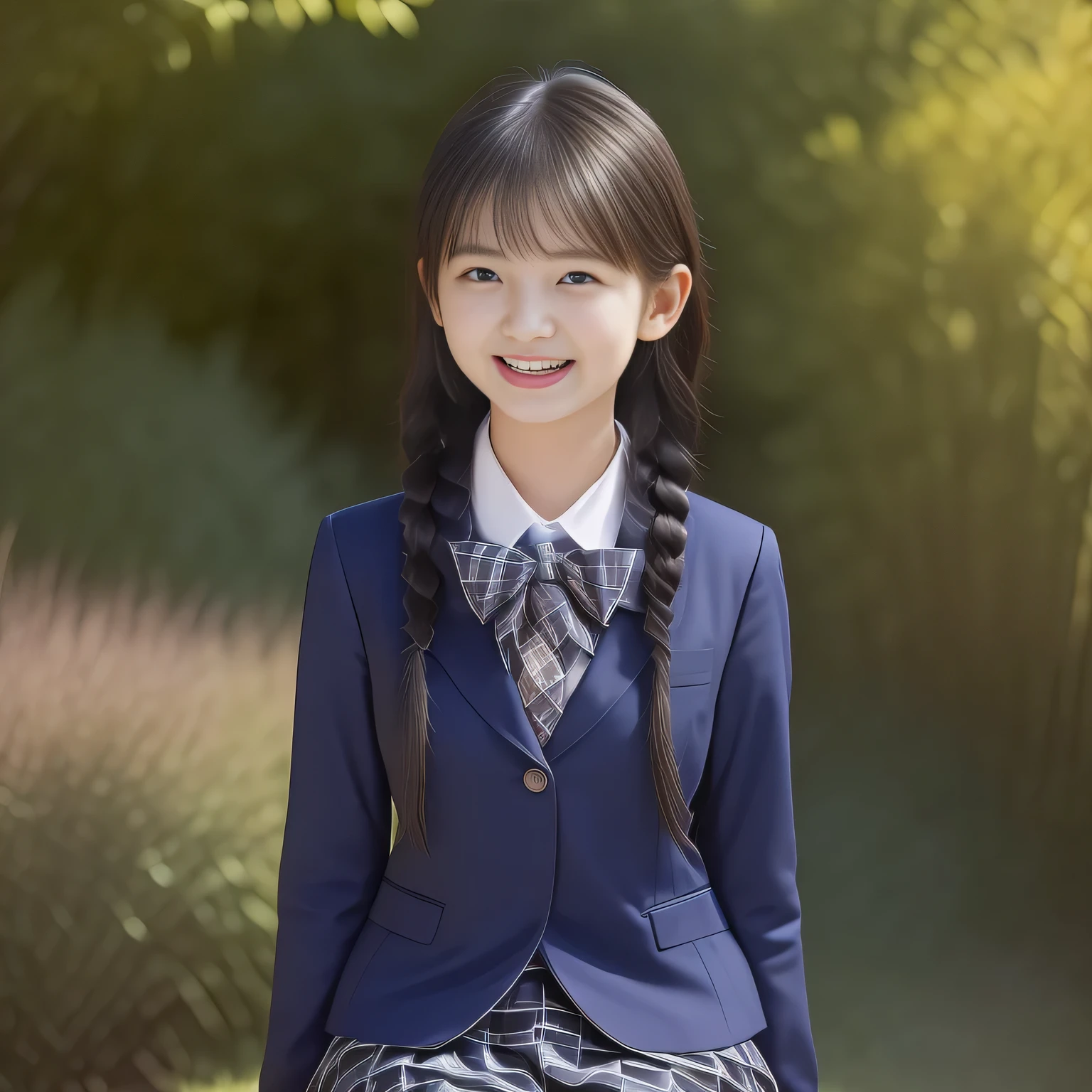 (Highest quality, masterpiece:1.2), Highest quality, High resolution, 1080P, 8k, (A noble, graceful and 14yo Japanese young long hair lady who have a best proportion are seated giggling at me with extreme beatitude, laughing and posing like a fashion model: 1.5), (Well-balanced, intelligent, drooping, double-eyelids, brown shiny large eyes with detailed make me feel her intelligence: 1.5), (Navy colored school blazer, blue-colored pleated school blue-and-dark-blue-and-black-tartan-checkered plaid-skirt: 1.5), (Plain blue school ribbon on the mature breast), (Girl whom everyone loves because of her beauty and beautiful eyes and lovely fashion and noble manner and magic-charm of succubus: 1.8), (Very beautiful, glossy, cutely super-super-long braids gorgeous rich black hair, braid half up: 1.3), (Drives me crazy for their neat blue-plaid-skirts and Make me fall into their skirts: 1.8), (plain blue background), (Best style like a 13yo fashion model, mature breast), (Completely balanced eyes), (Completely balanced eyes), (Dark-blue background), (Eyes, face and hair are especially beautifully detailed and beautifully drawn: 1.5)