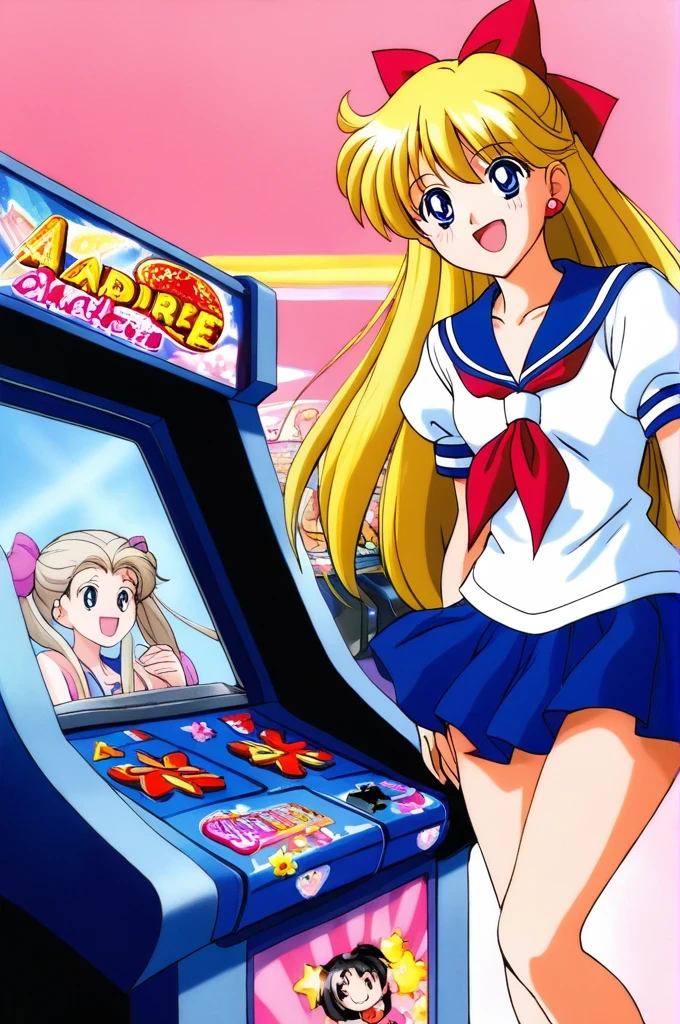 score_9,score_8_up,score_7_up,score_6_up,score_5_up,score_4_up,source_anime,
(masterpiece,highest quality,Super detailed,8k,High resolution,an extremely delicate and beautiful,Official Art,Perfect Anatomy:1.5),((90s anime,90s anime style,Cel-shaded anime,anime screencap,anime coloring:1.25)),(solo:1.5),
perfect face,beautiful,sexy,athletic body,shiny skin,
((aavenus,aino minako:1.52)), long hair, blonde hair, hair bow, tiara, earrings, blue eyes,
 red bow, school uniform, solo, bow, serafuku, sailor collar,neckerchief, short sleeves, red neckerchief, blue sailor collar,((Arcade:1.17))