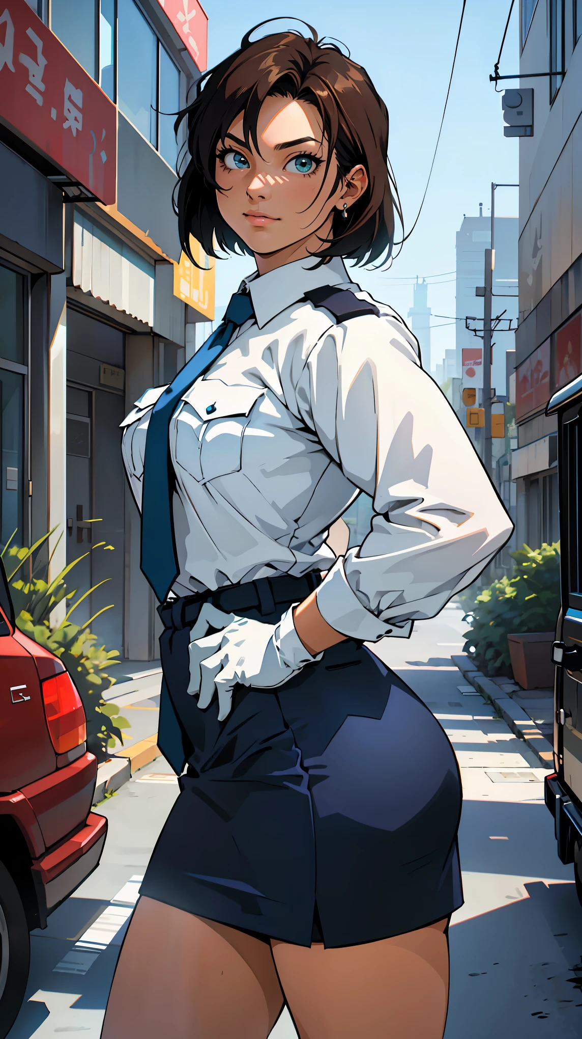 (ultra high quality:1.3), (high resolution:1.4), (masterpiece:1.2), 1girl, solo, tomboy, outdoor, police car, street, cowboy shot, legs spread, dutch angle, hands on hips, green, looking at viewer, exquisite, absurd, cinematic lighting, chiaroscuro, deep shadows, backlighting, deep focus, sharp focus, dramatic shadows, finely delineated, dramatic angle, hyper detail, perfect anatomy, detailed background, score_9, score_8_up, score_7_up, source_anime, BREAK Tsujimoto Natsumi, (cute face:1.3), bob_short, small_breast, big_ass, police uniform, blue tie, white shirt, cowboy shot, long sleeves, white gloves, pencil skirt, retro art style,