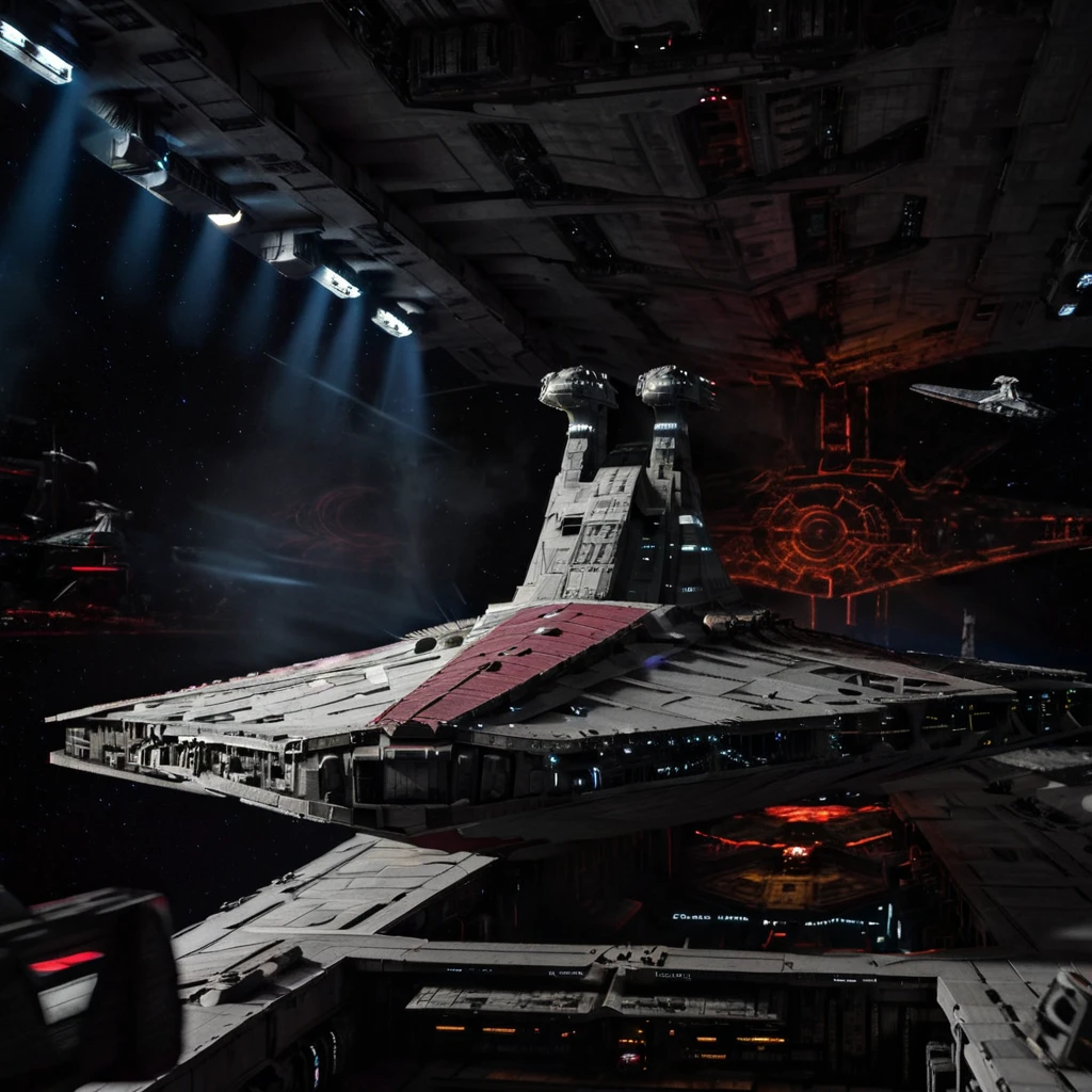 (Realistic photos,  photo taken by a professional photographer),Venator-class  ,Star Destroyer ,(Best Quality, 8k, masterpiece,  cinematic camera angle , Cinema Lighting)