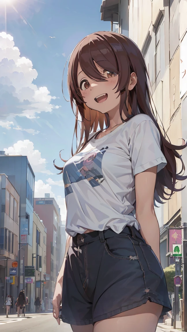 masterpiece, Best Quality,  High Resolution ,  very detailed ,(((Osaki Tenka))), (((T-Shirts))), ((( is standing far away))), (((Positive。))), (((Around town))), (((Against the backdrop of blue sky))), ((( is laughing。)))