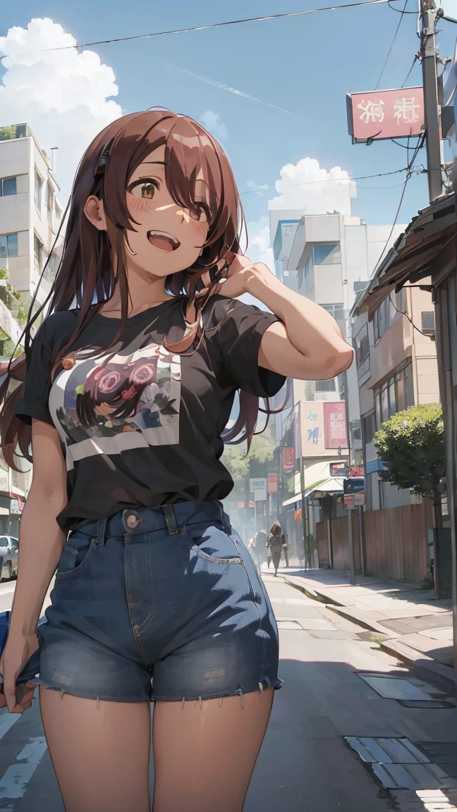 masterpiece, Best Quality,  High Resolution ,  very detailed ,(((Osaki Tenka))), (((T-Shirts))), ((( is standing far away))), (((Positive。))), (((Around town))), (((Against the backdrop of blue sky))), ((( is laughing。)))