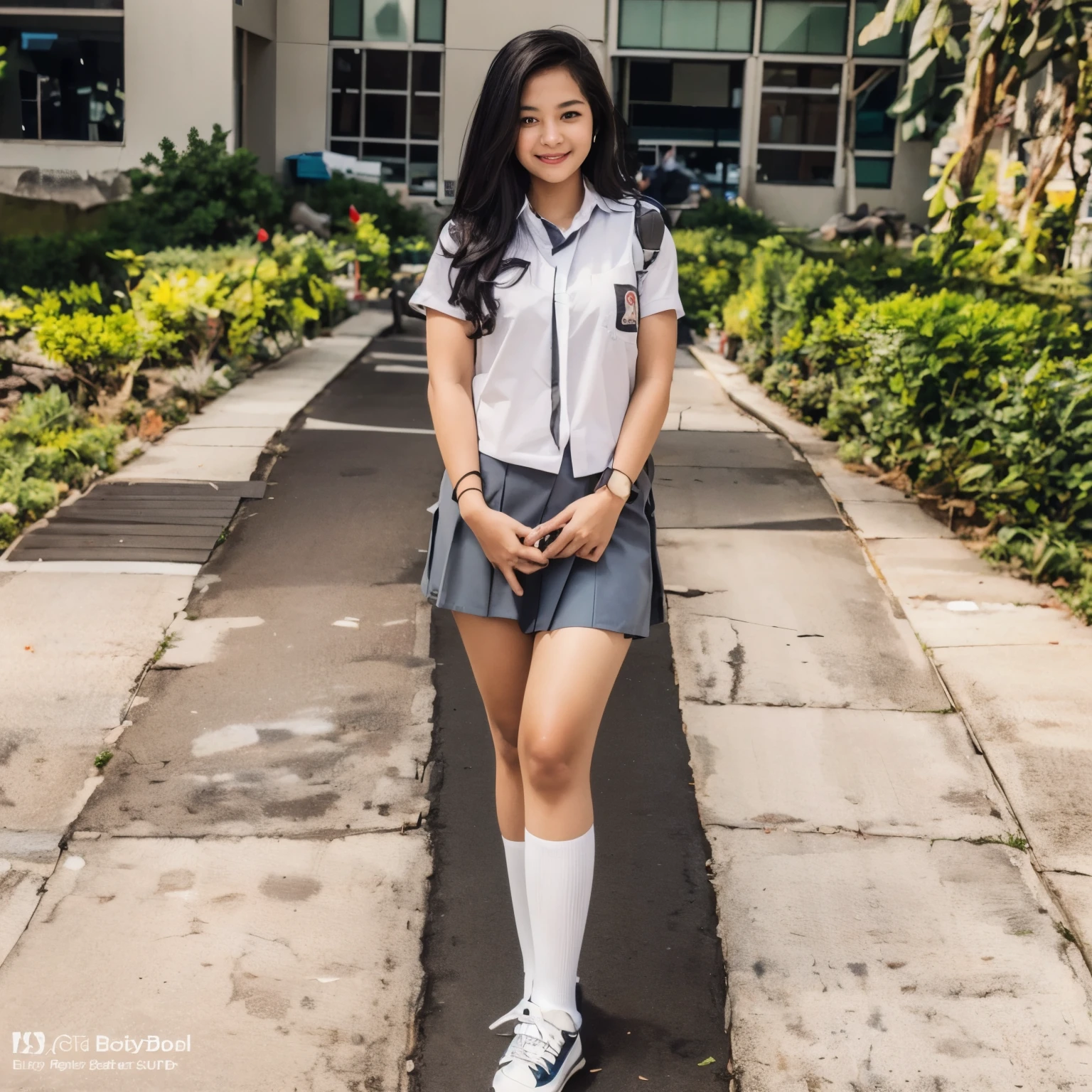 female, beautiful girls, line up, big hips, curvy body, tight, wearing indonesian high school uniform, indonesian high school uniform white shirt and grey skirt, smile, dynamic pose, Fullbody, curvy body, good hand angle, Eye-Level Shot, classroom, 135mm, masterpiece, best quality, highres, HD, 8k, textured skin, high quality, UHD