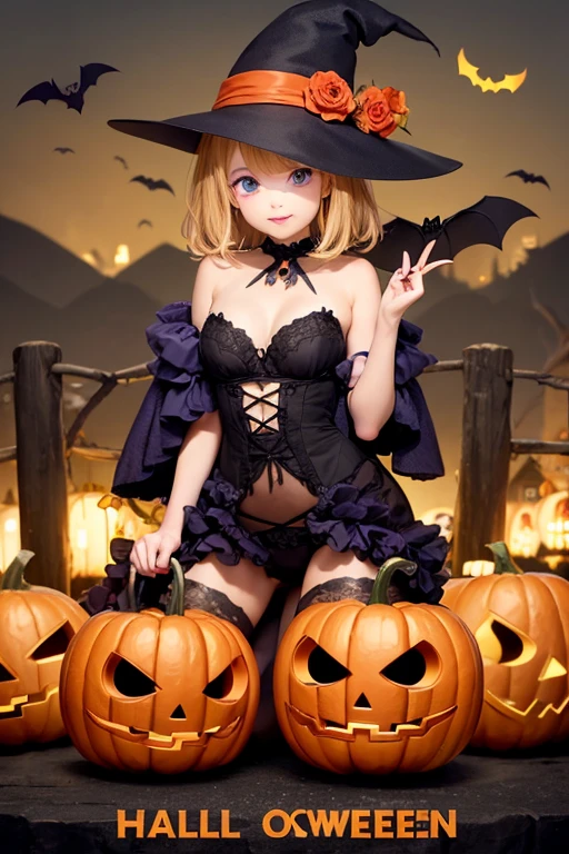 NSFW, ((masterpiece, best quality, extremely detailed, absurdres)),Please draw a realistic, high-definition animated illustration. The theme is Halloween, and the main character is a cute girl wearing a pumpkin on her head. She is dressed in her underwear, but her face is well hidden by the pumpkin mask and she is shyly posing in a cute pose. The background depicts cute monsters such as ghosts, bats, and jolly skeletons enjoying the Halloween festivities with snack candy. Decorated with lanterns, spider webs, and Halloween decorations, the background has a bright and lively atmosphere. The style has a dramatic touch, with deep shadows and a storybook feel, yet still retaining elements of animation. --sexy, --erotic, --adult, --underwear, --pumpkin head, --snack candy