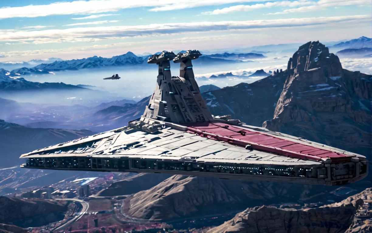 Flying over mountains ,Venator-class ,Star Destroyer , cloud,  smooth metal surface in venatar,  realistic canon photography ,  vignette and film grain ,  cinematic , Warm Sunlight  