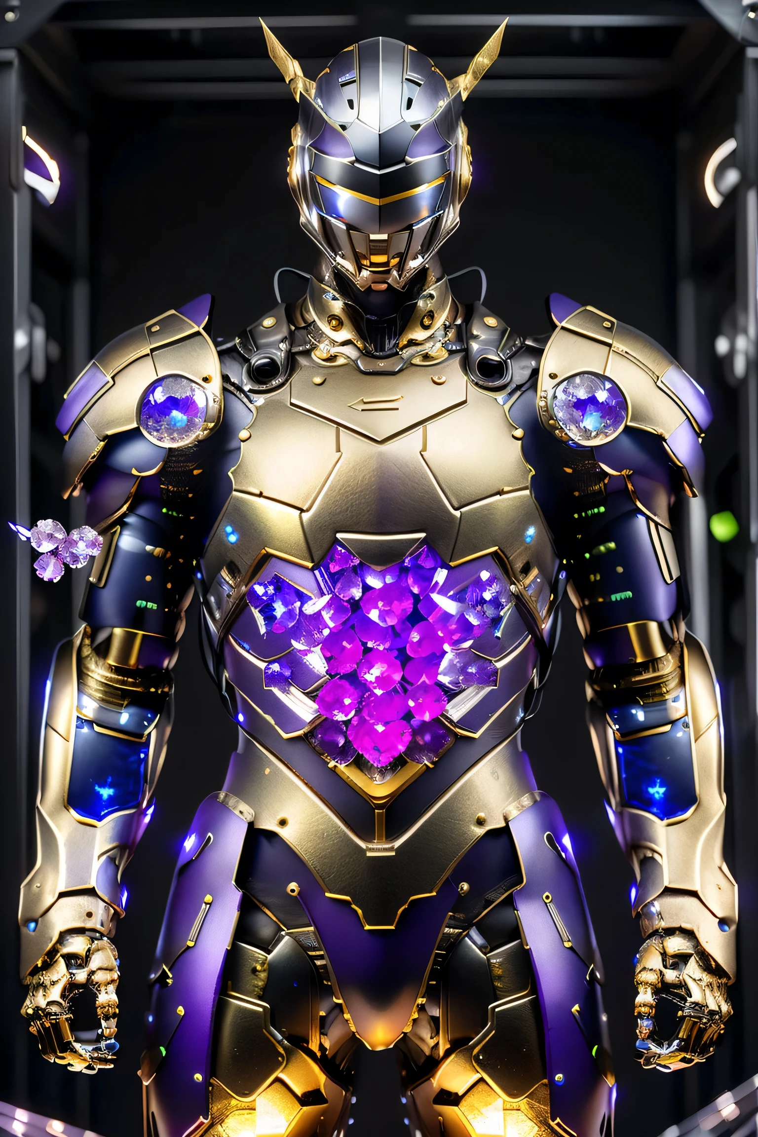 ((running towards viewer , dynamic pose)), (metallic: 1.5, purple crystal suit: 1.5), (Japanese hero), (mech bodysuit with swords: 1.5), whole body, ((Night view: 2.0)), cyberpunk, My eyes are shining brightly, Suit parts are large , Lots of LEDs, (helmet with sharp antennae), Unreal Engine 5, High image quality, best quality, High Resolution , Super detailed, Fine painting, Extremely delicate, professional, anatomically accurate, creativity, RAW Photos, 超 High Resolution , 32K, Natural Light, Cinema Lighting, masterpiece-anatomy-perfect, masterpiece:1.5, (Portrait), (action pose), (was a mecha)
