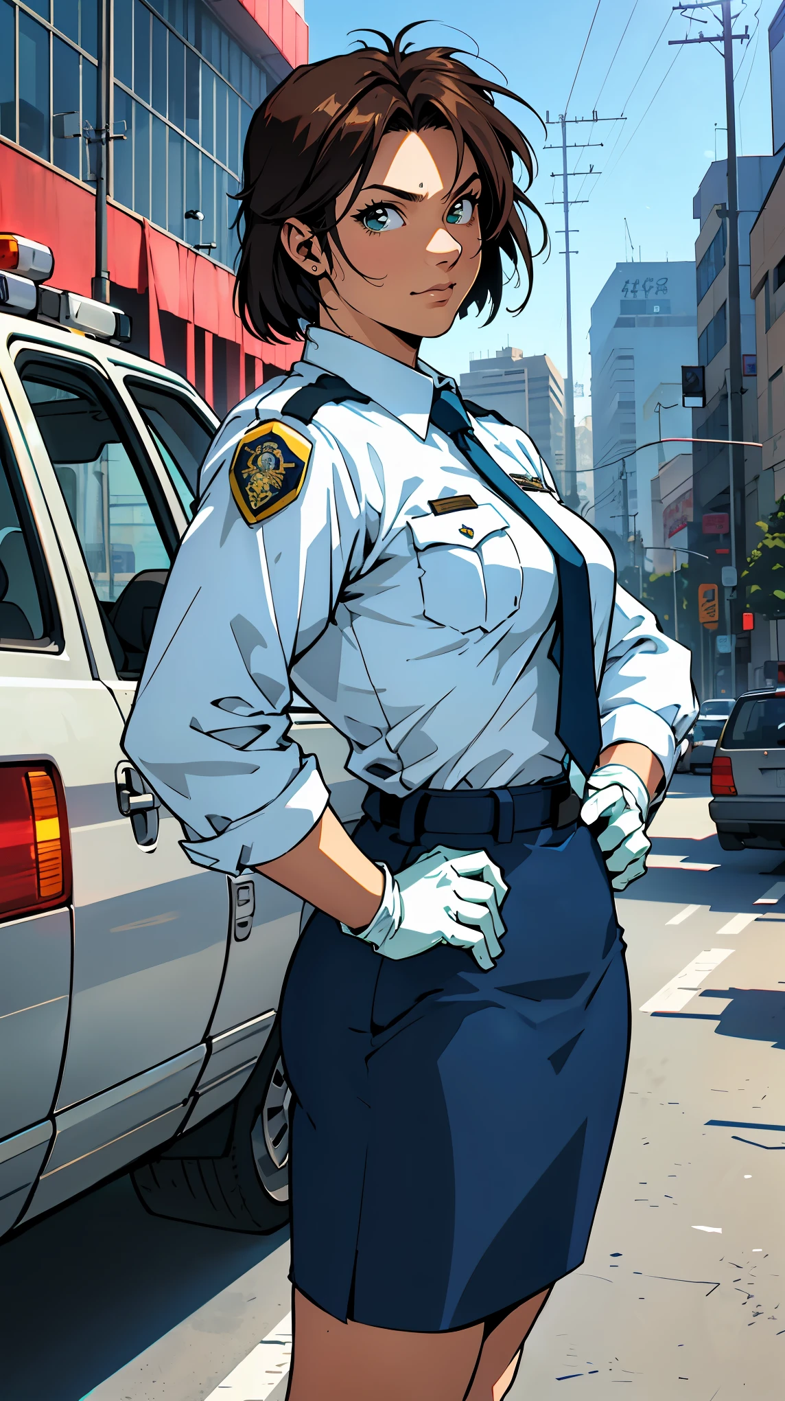 (ultra high quality:1.3), (high resolution:1.4), (masterpiece:1.2), 1girl, solo, tomboy, outdoor, police car, street, cowboy shot, legs spread, dutch angle, hands on hips, green, looking at viewer, exquisite, absurd, cinematic lighting, chiaroscuro, deep shadows, backlighting, deep focus, sharp focus, dramatic shadows, finely delineated, dramatic angle, hyper detail, perfect anatomy, detailed background, score_9, score_8_up, score_7_up, source_anime, BREAK Tsujimoto Natsumi, cute face, bob_short, small_breast, big_ass, police uniform, blue tie, white shirt, cowboy shot, long sleeves, white gloves, pencil skirt, retro art style,