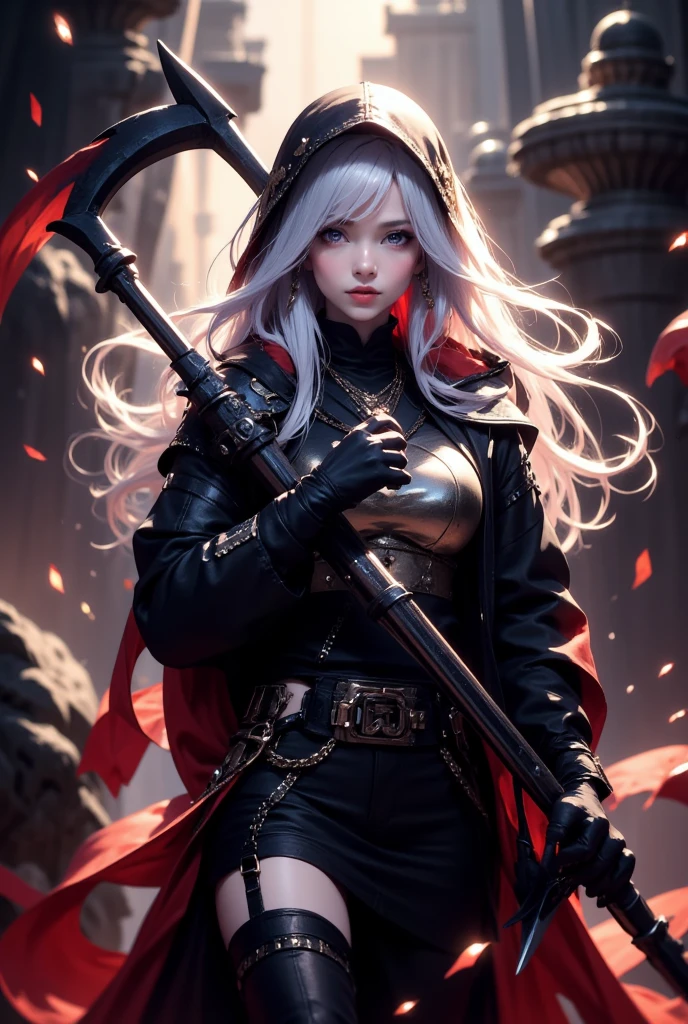 female reaper with long white hair and black eyes wearing punk outfit with hood , holding scythe