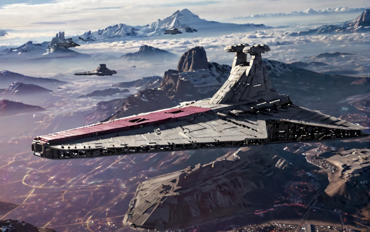 Flying over mountains ,Venator-class ,Star Destroyer , cloud,  smooth metal surface in venatar,  realistic canon photography ,  vignette and film grain ,  cinematic , Warm Sunlight  