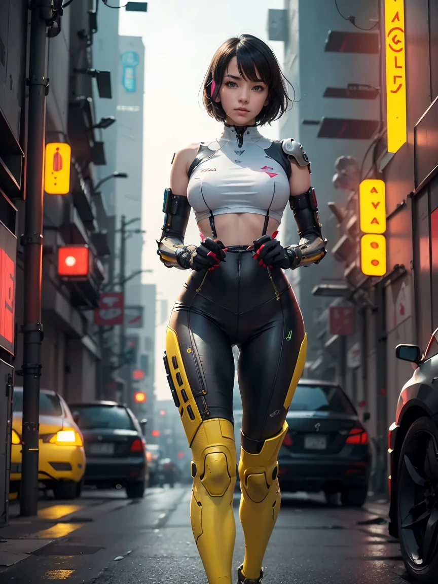 Masterpiece,High-quality 4K,Perfect Face,Perfect body。In the bright early summer afternoon sunshine、A 20-year-old female hybrid machine in a halter neck, leotard and knee-high boots looks forward with hope to the future。A realistic live-action Hollywood drama。