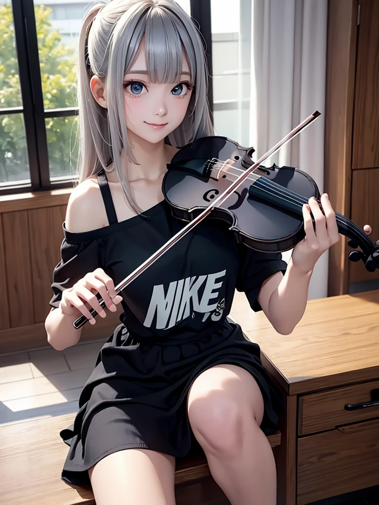 8k, Best Quality, The real picture,  complicated details, Very detailed,  super high definition, Depth Field, ( realistic, realistic), Tabletop, (( shot above the knee)),  1 girl, ((playing violin)), violin, bow \(music\), spring, off-shoulder top, ((stand)), eye_Chan,  so beautiful, innocent big eyes, Beautiful breasts, 非常に詳細なeye,((Silver Hair)), ( short semi long hair), (Asymmetrical bangs), (smile), ((Light blue Nike long t-shirt)), ( black miniskirt in a window seat)