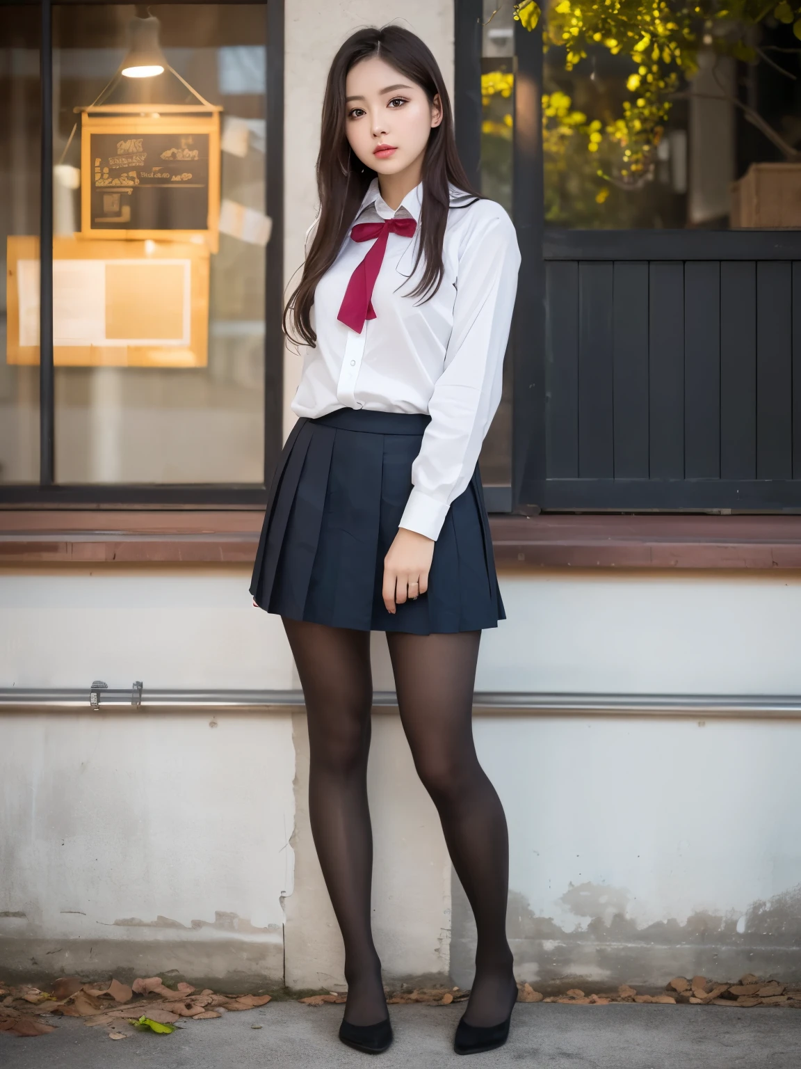 top-quality、in 8K、Super masterpiece、Photorealsitic、Raw foto、realisitic、1girl in、Grinning、25-years old、Wavy Hair、high-school uniform、a black skirt、Dark hair、is standing、skirt rift、(white  panties)、From below