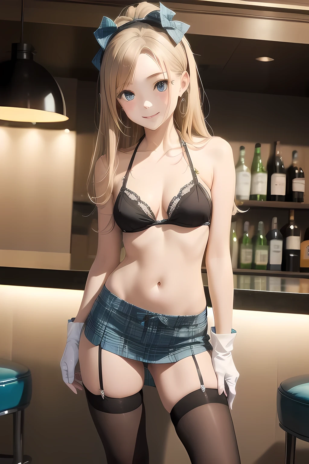 1 girl, alone, Hotel Bar、 high school girls、Of Japanese high school girls、light blue super mini plaid bikini skirt、 light blue bikini、 spread your legs 、 panties slightly visible (( black legwear , zettai ryouiki, Small breasts)), ((Thin legs, thin waist)), white gloves, Blonde, headband 、 Long Hair, Moisturized blue eyes , Droopy eyes, smile, standing, Sharp contours, Best Quality, masterpiece