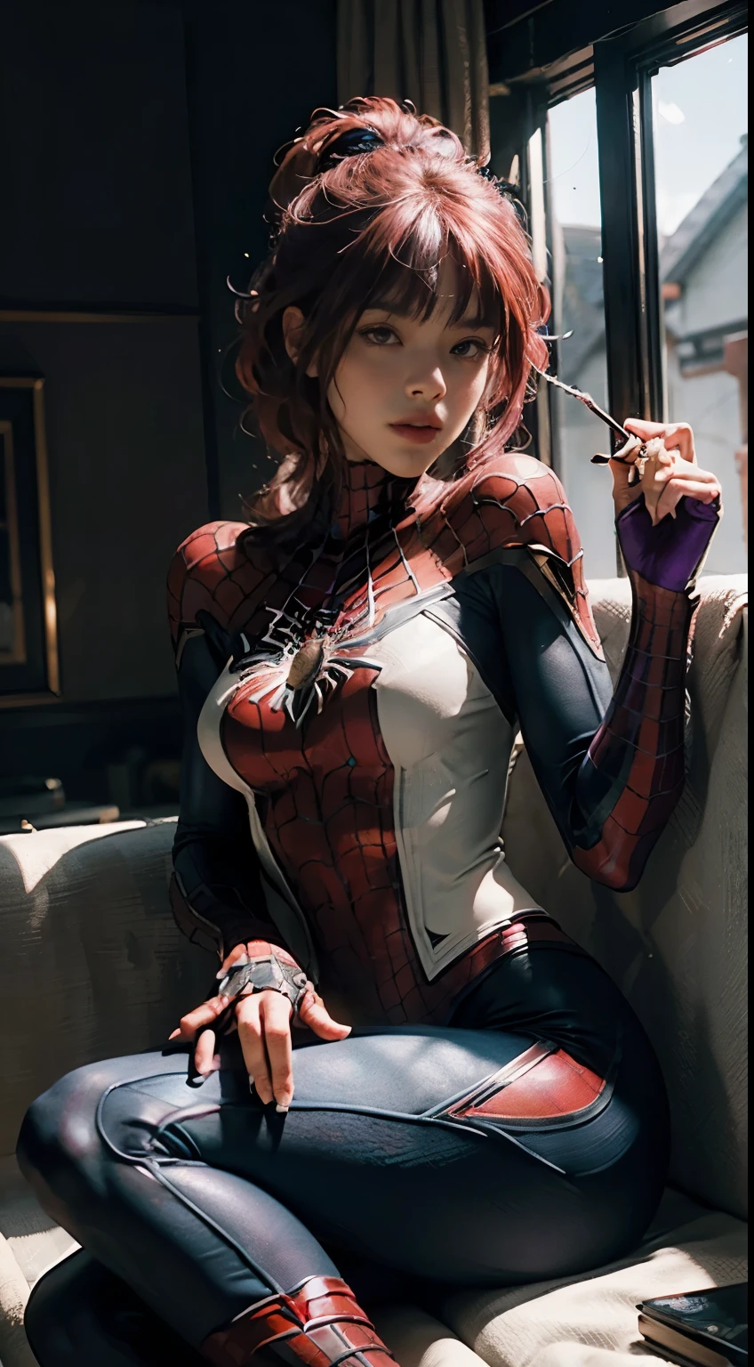 Highest quality,Game CG,One girl, masterpiece, Highest quality, 8K, Detailed skin texture, Detailed cloth texture, Beautifully detailed face, Intricate details, Super detailed, Audrey Hepburn, Spider-Man uniforms, Bright red straight hair, (Half Body:1.2)Anal licking、Clitoris licking leads to orgasm、