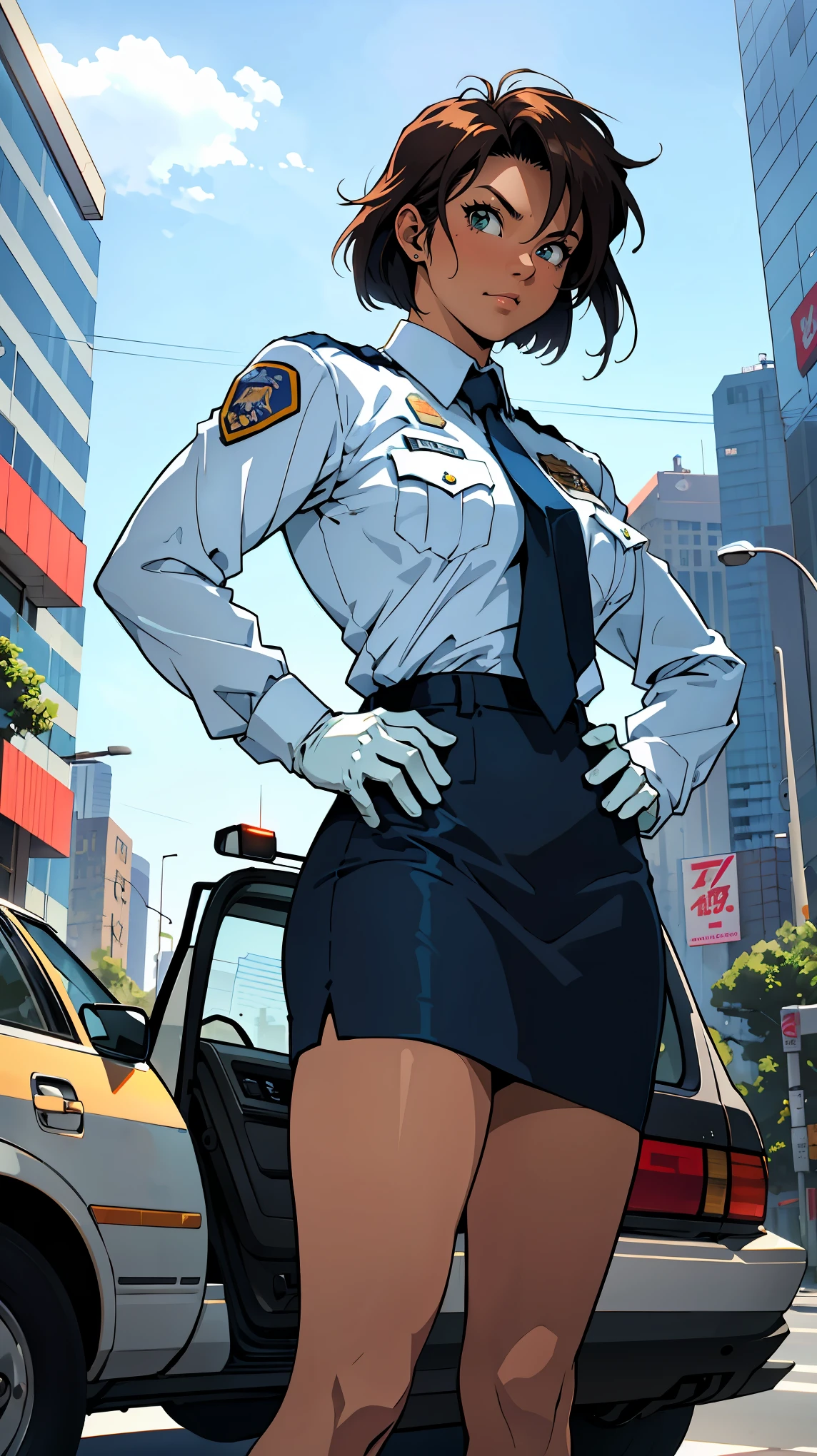 (ultra high quality:1.3), (high resolution:1.4), (masterpiece:1.2), 1girl, solo, tomboy, outdoor, police car, street, cowboy shot, legs spread, dutch angle, hands on hips, green, looking at viewer, exquisite, absurd, cinematic lighting, chiaroscuro, deep shadows, backlighting, deep focus, sharp focus, dramatic shadows, finely delineated, dramatic angle, hyper detail, perfect hands, perfect anatomy, detailed background, score_9, score_8_up, score_7_up, source_anime, BREAK Tsujimoto Natsumi, cute face, bob_short, small_breast, big_ass, police uniform, blue tie, white shirt, cowboy shot, long sleeves, white gloves, pencil skirt, retro art style,