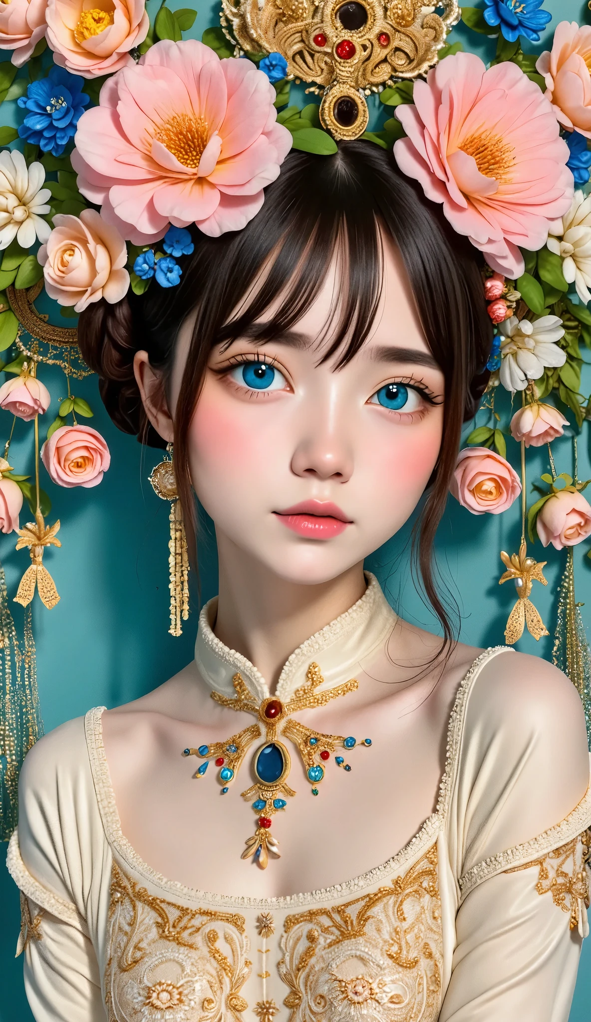 Official Art, wallpaper,  very detailed , ((( very detailed な目と顔))), shut up., masterpiece, Best Quality, Realistic portraits, (ZenTangle, Mandala, Tangle, EnTangle), Complicated clothes,  very detailed , Dynamic Angle,  Most Beautiful Chaotic Shape ,  elegant,  Brutalism Design, Vibrant colors, Romantic Chinese Flowers