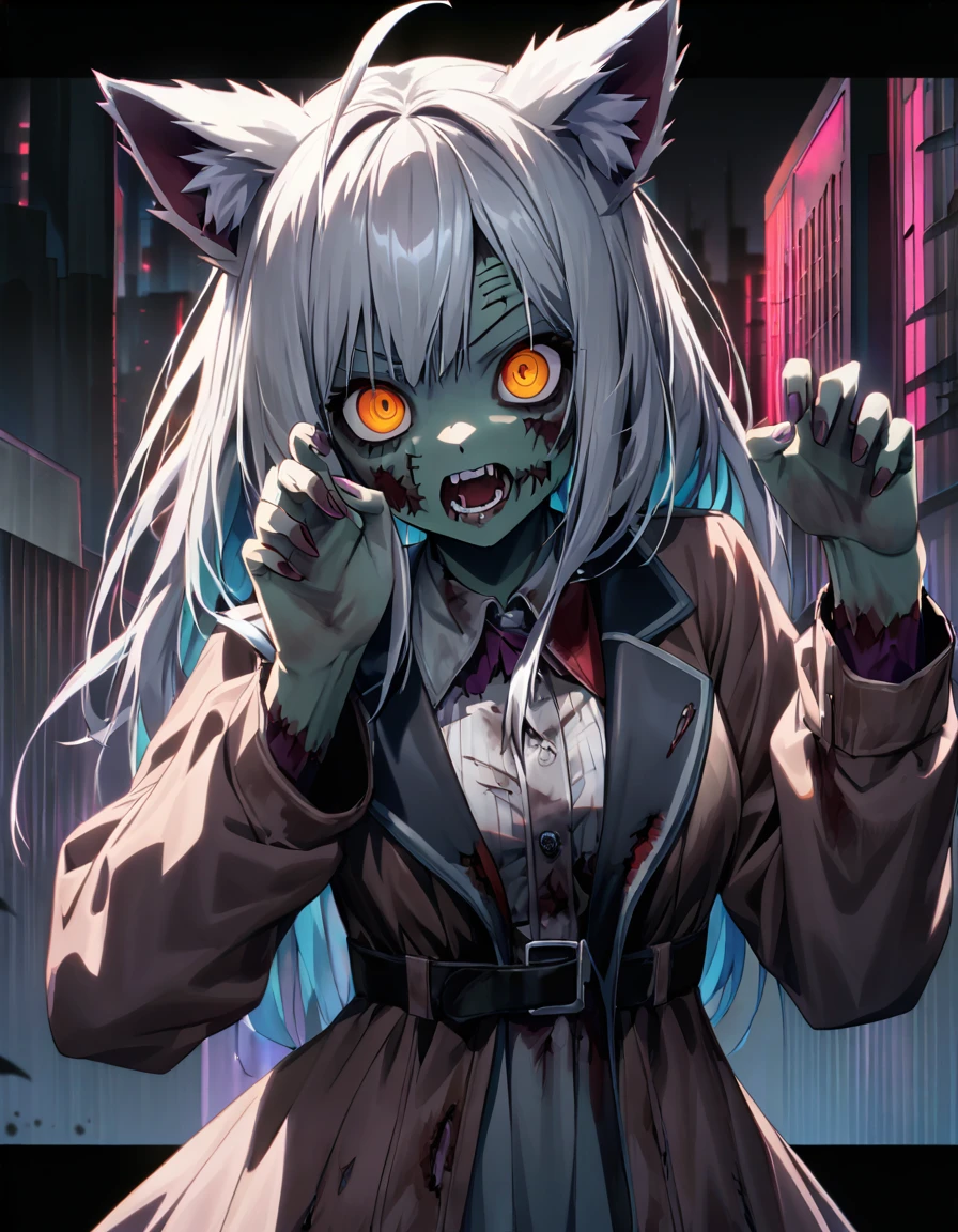 (masterpiece)、(absurdres)、(ultra detailed)、(4K),Anatomically correct,anime illustration,(solo lady),(silver cat ears:1.2),(silver hair),(shortcut hair:1.1),(messy hair:0.7),(Ahoge:0.9),(middle breast:0.9),break,(empty orange eyes),break,cowboy shot,(zombie:1.7),scream:1.1,(midnight neon city background:1.1),jacket,(ツギハギの肌:1.1),Decaying bodies:1.0,touch to face pose:1.1,