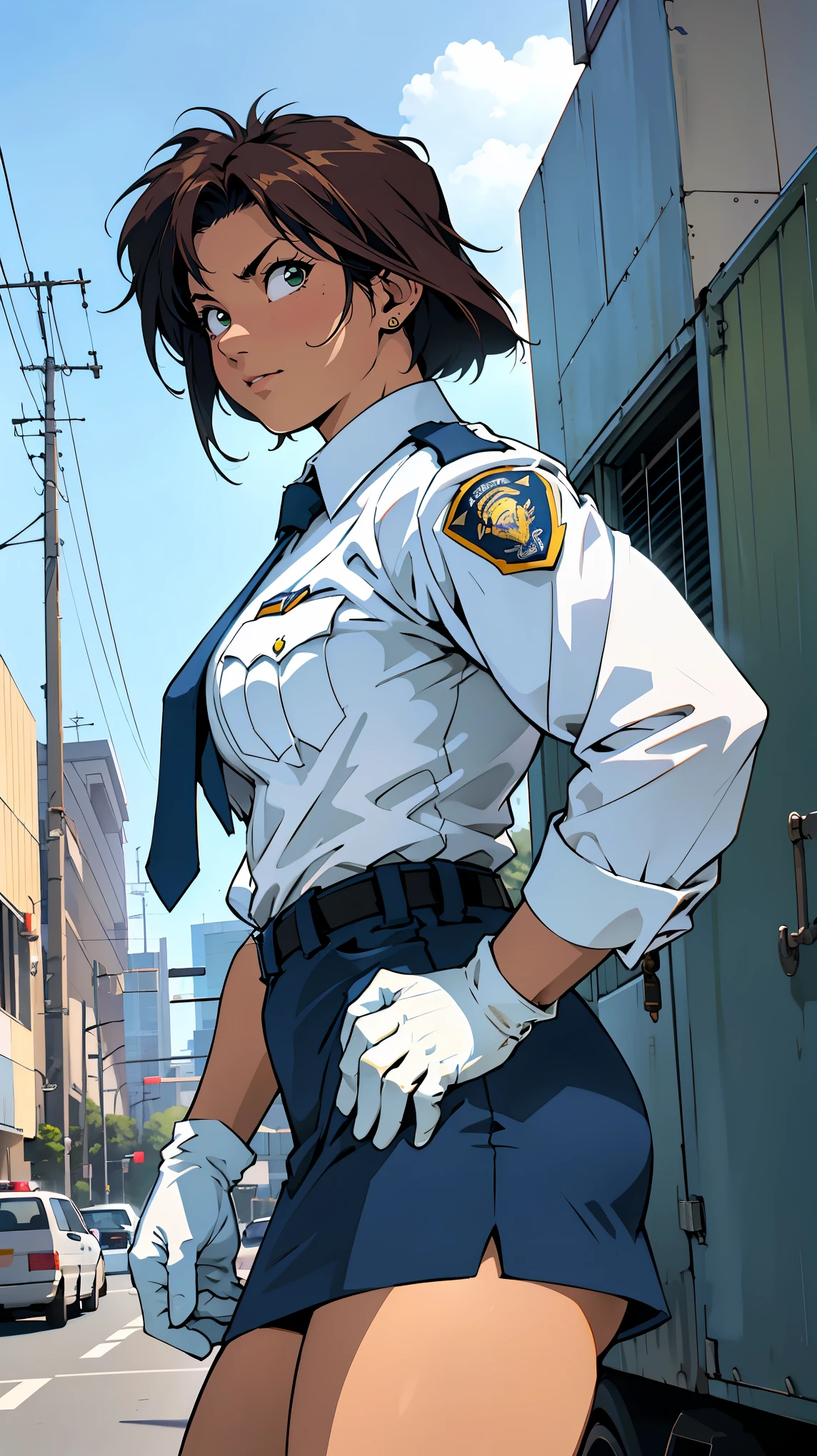 (ultra high quality:1.3), (high resolution:1.4), (masterpiece:1.2), 1girl, solo, tomboy, outdoor, police car, street, cowboy shot, legs spread, dutch angle, hands on hips, green, looking at viewer, exquisite, absurd, cinematic lighting, chiaroscuro, deep shadows, backlighting, deep focus, sharp focus, dramatic shadows, finely delineated, dramatic angle, hyper detail, perfect hands, perfect anatomy, detailed background, score_9, score_8_up, score_7_up, source_anime, BREAK Tsujimoto Natsumi, cute face, bob_short, small_breast, huge_ass, police uniform, blue tie, white shirt, cowboy shot, long sleeves, white gloves, pencil skirt, retro art style,