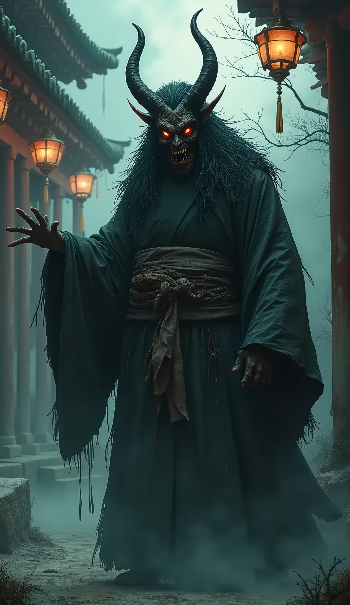 Include unsettling details, with intense focus on sharp, menacing features. Emphasize dark, shadowy elements that obscure and distort, creating a sense of impending doom. Add bloodstained textures and fractured surfaces to enhance a gruesome, nightmarish effect. Incorporate twisted, elongated limbs or appendages that move unnaturally. Highlight eerie, glowing eyes that pierce through darkness, reflecting a deep malevolence. Add hints of decaying or decomposing elements to suggest an ancient, cursed being. Use jagged, irregular forms and sharp edges to evoke a feeling of dread. Surround the figure with an aura of oppressive, foreboding darkness that creeps into every corner of the scene 、"An ultra-realistic depiction of Shichinin Misaki, reimagined with an extremely terrifying appearance. The seven ghostly spirits are now twisted and malevolent figures, each dressed in traditional kimonos that are torn and soaked in blood. Their faces are gaunt and skeletal, with hollow, glowing eyes that pierce through the darkness. Their skin is decayed and peeling, revealing sinew and bone beneath. Their mouths are twisted into unnatural, wide grins filled with sharp, jagged teeth, oozing dark fluid. Their long, disheveled hair hangs like a veil, dripping with a black, tar-like substance. The spirits emit a dark, foreboding aura, their bodies more shadow than flesh, trailing wisps of smoke as they hover just above the ground. The forest background is even darker and more oppressive, with twisted trees and an overwhelming sense of doom, as if the very environment is being consumed by their presence."
