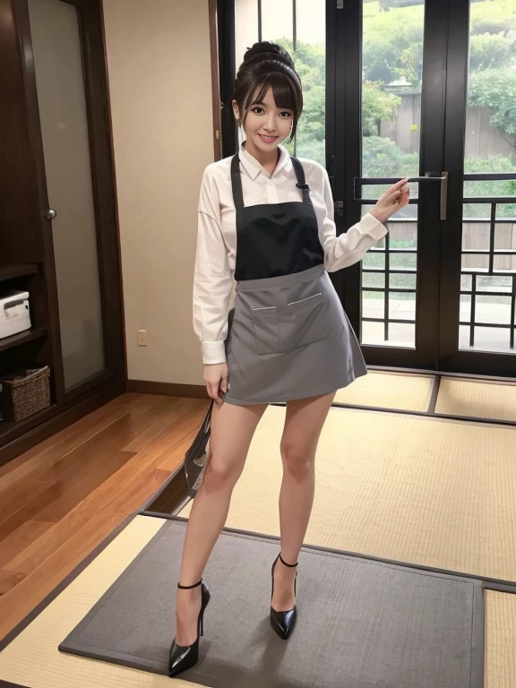 (8K, best quality, masterpiece:1.2), (realistic, photo-realistic:1.37), (high color saturation:1.0), (highly detailed skin), (highest quality:1.0), (ultra high resolution:1.0) ,(realistic:1.0), (Super detailed:1.0), (8K, Raw photo:1.1)、standing random pose, smiling, natural breast, perfect lighting, 22years old, (mysterious), clear and detailed, ((japaniese_office_uniform, flared skirt, sexy_blouse, flight attendant_neck scarf)), (indoor office, escalator), surprised face, ((looking at back viewer)), ((low angle photo)), (the sexy_shorts are showing under her skirt), inverted nipples,