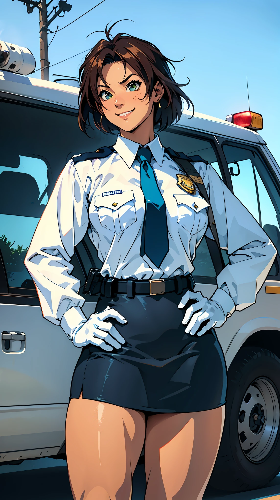 (ultra high quality:1.3), (high resolution:1.4), (masterpiece:1.2), 1girl, solo, tomboy, outdoor, police car, street, cowboy shot, legs spread, curvaceous, dutch angle, hands on hips, green, looking at viewer, exquisite, absurd, cinematic lighting, chiaroscuro, deep shadows, backlighting, deep focus, sharp focus, dramatic shadows, finely delineated, dramatic angle, hyper detail, perfect hands, perfect anatomy, detailed background, score_9, score_8_up, score_7_up, source_anime, BREAK Tsujimoto Natsumi, cute face,smile, bob_short, small_breast, huge_ass, police uniform, blue tie, white shirt, cowboy shot, long sleeves, white gloves, pencil skirt, retro art style,