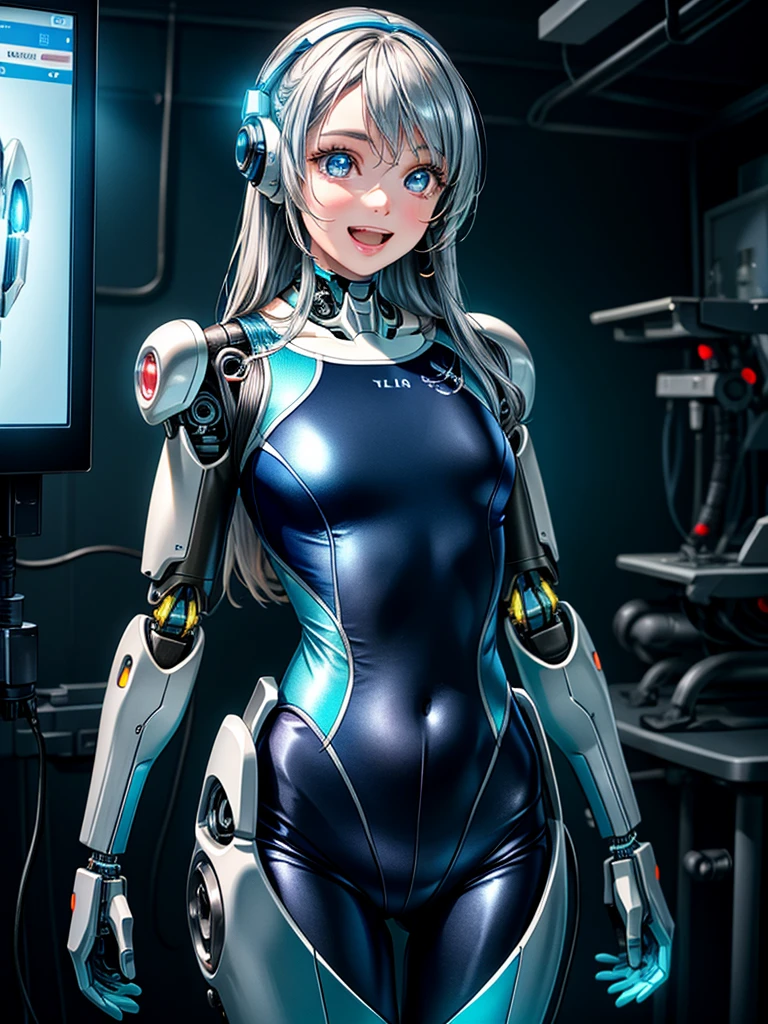 (highest quality, High resolution, masterpiece:1.2), Very detailed, Realistic:1.37, (Perfect Anatomy),1 girl,top view,Photo taken from the ceiling, Full body portrait, Pretty and beautiful girl,JK,(Cyborg surgery椅子に座る),(Cyborg surgery:1.2),Very cute face,,(smile),(blue led eyes:1.5),,Beautiful Skin, Detailed facial features,The body is slim,Beautiful Hair, (Light blue long hair), (A shiny PVC cyborg suit with a cute JK uniform and skirt that changes:1.2),Blue Boots, (Idol Makeup),Many cables connecting the body and head, Intricate decorative details, cyber punk(The background is the interior of a robotic operating room.:1.2).