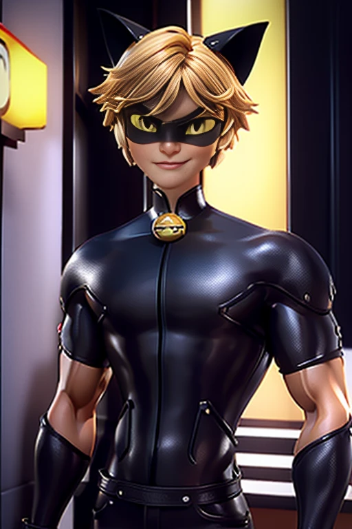 (Highly detailed CG), ( best quality), (Highly detailed CG), ( best quality), (Cat Noir), (Overall view) Xihua Street,  beauties, Lean Muscle,  with a cool and handsome face, Sharp Eyes, 