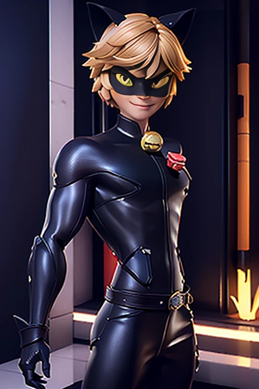 (Highly detailed CG), ( best quality), (Highly detailed CG), ( best quality), (Cat Noir), (Overall view) Xihua Street,  beauties, Lean Muscle,  with a cool and handsome face, Sharp Eyes, 