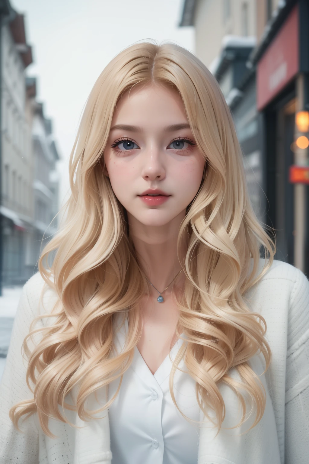 long wavy blonde hair、sultry frivolous appearance;、(Hithornfreckles)、Gorgeous symmetrical face、Cute natural makeup、Professional portrait photo of gorgeous Norwegian girl((Standing on a snowy city street)),full bodyesbian 、Stunning modern urban environment、surrealistic、Concept art、elegent、very detailled、sinuous、sharp-focus、Depth of field、f/1。 8、85mm、(((professional colour grading)))、Bright soft diffused light、(volumetric fog)、trending on instagram、HDR 4K、8K