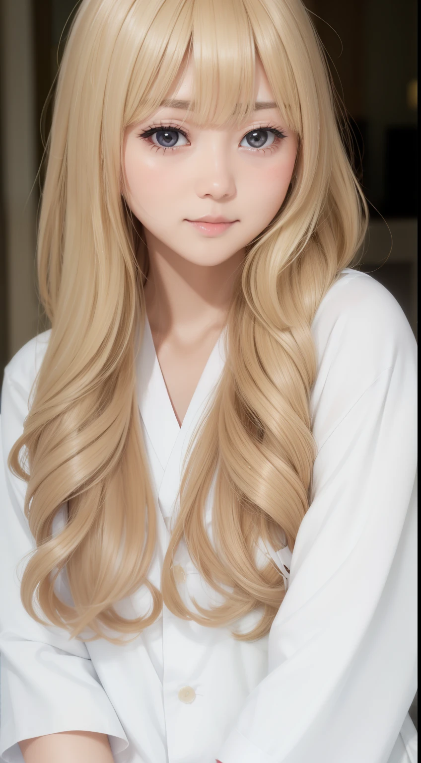 4K、RAW Photos、Photorealistic、High resolution、Cute woman in Japan , Idol-like face、long hair of bright blonde、With bangs、Sunburned skin、Cute tanned real photo girl、、Night shift care staff、Nursing home