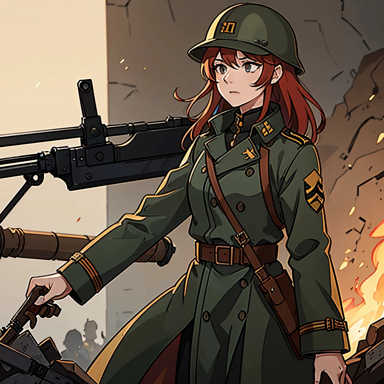 WW1 + Female German Soldier + Redhair + Golden Irises + 1918 ry Uniform + Trench Coat + Steel Helmet + Holding a Gewehr 98 Rifle + In the Middle of Trench Warfare in Verdun + A Little Dirty and With a Little Blood