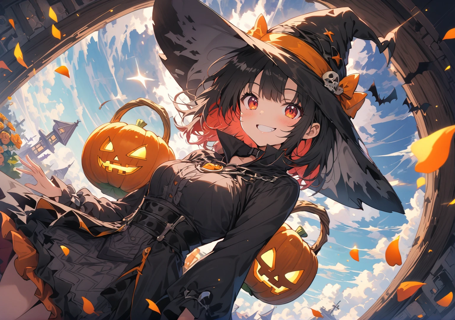 Absurd,  High Resolution , Super detailed, ( 1 girl:1.3) , Halloween witch, ((Beautiful smile)), Wizard's Robe, Wizard&#39;s Hat,  jack-o-lantern, night, moonlight,
break, Halloween atmosphere,(bust:1.5),
 , Kaleidoscope-like images, Symmetrical pattern, Vibrant colors, Geometric shapes, Captivating Design, Optical illusion, dynamic composition
break
, Pantomime Art, Expressive body language, Silent Storytelling, Emotional gestures, Visual storytelling, theatrical performances
break
, Blooming pumpkin,  sunlight shining through colorful petals , Fragrant Scent, Blessings of Nature, Vibrant Gardens, Serene landscape,(Wide angle:1.5)