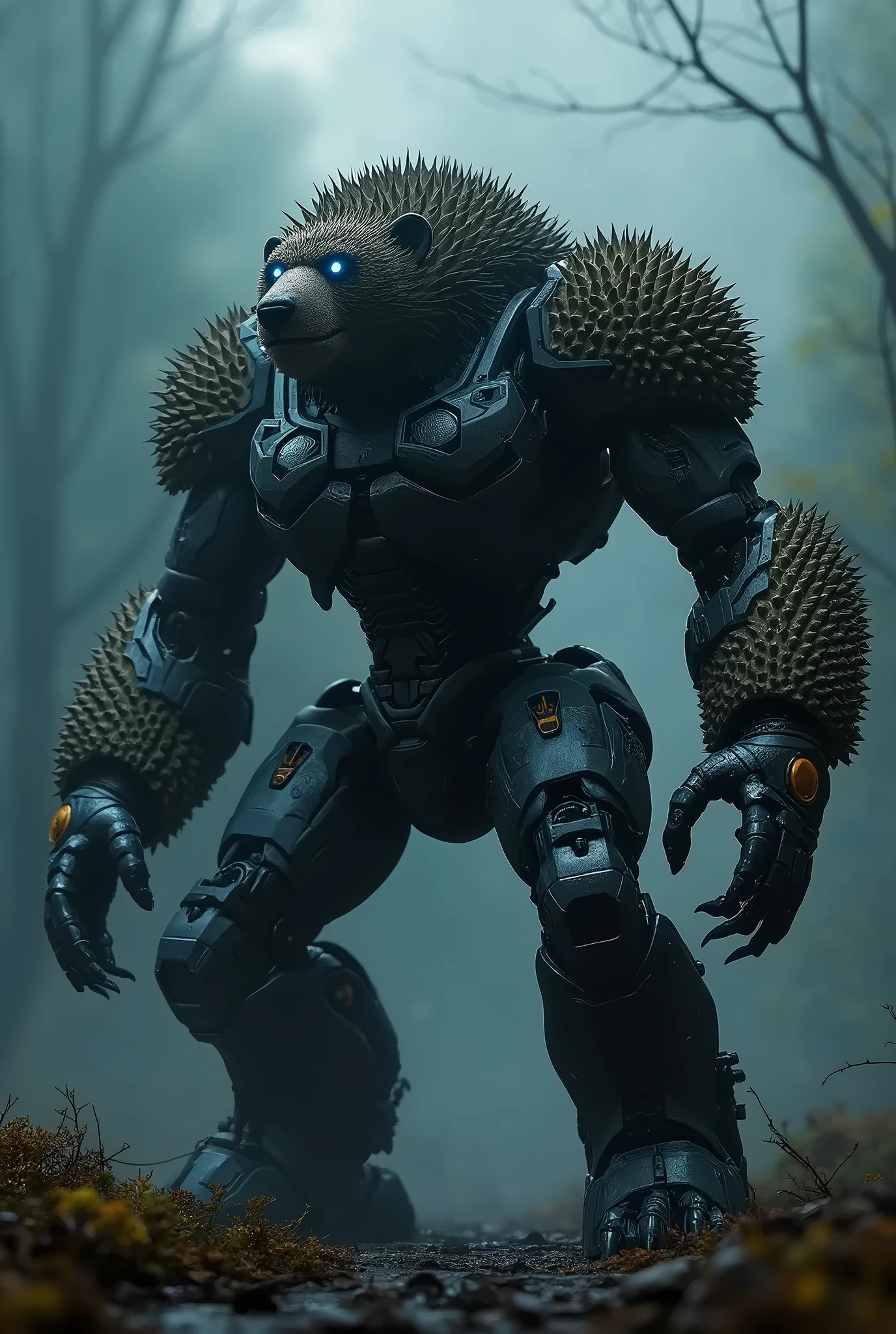 (photorealism:1.2), a semi-robotic warrior with armor on his head, a werewolf ,dark tones, realistic