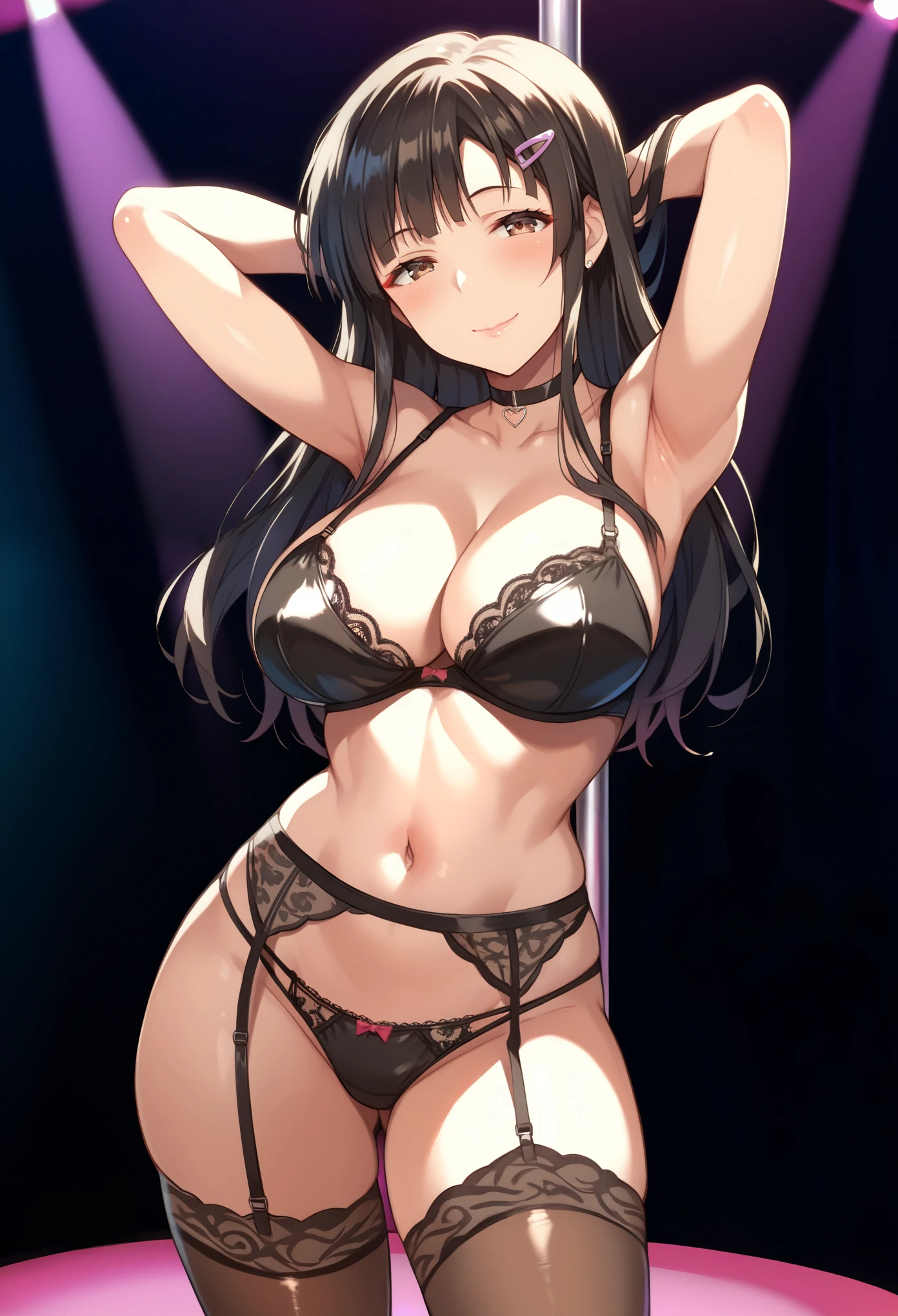 Score_9, score_8_up, score_7_up, score_6_up, source_anime, gyaru, deep cleavage, 5_fingers, Megumi_f, 1girl, solo, shiny, black hair,long hair, brown eyes, hairclip, black choker, sexy erotic obscene black latex bra, sexy lace panties, sexy black lace garter belt, sexy black lace thighhighs, makeup, dancing, erotic pole-dance, seducative smile, closed mouth, blush, seducative dance, she is seducing the viewer, pole-dancing, party, nightclub, nightclub background, money in the air, sexy, erotic, obscene, cute, hands behind head,