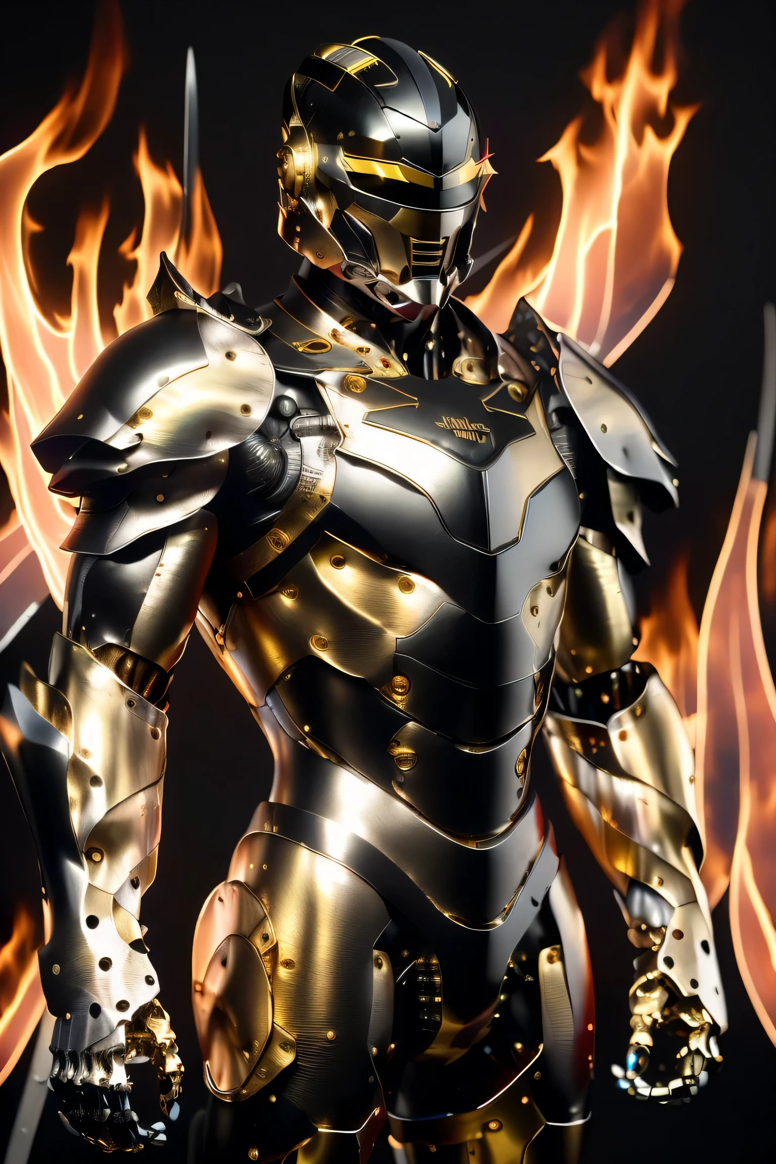 ((running towards viewer , dynamic pose)), (metallic: 1.5, white and black suit: 1.5), (Japanese hero, whole body), (mech bodysuit with swords: 1.5), ((fire: 1.5)), cyberpunk, My eyes are shining brightly, Suit parts are large , Lots of LEDs, (helmet with sharp antennae), Unreal Engine 5, High image quality, best quality, High Resolution , Super detailed, Fine painting, Extremely delicate, professional, anatomically accurate, creativity, RAW Photos, 超 High Resolution , 32K, Natural Light, Cinema Lighting, masterpiece-anatomy-perfect, masterpiece:1.5, (Portrait), (action pose), ((was a mecha))