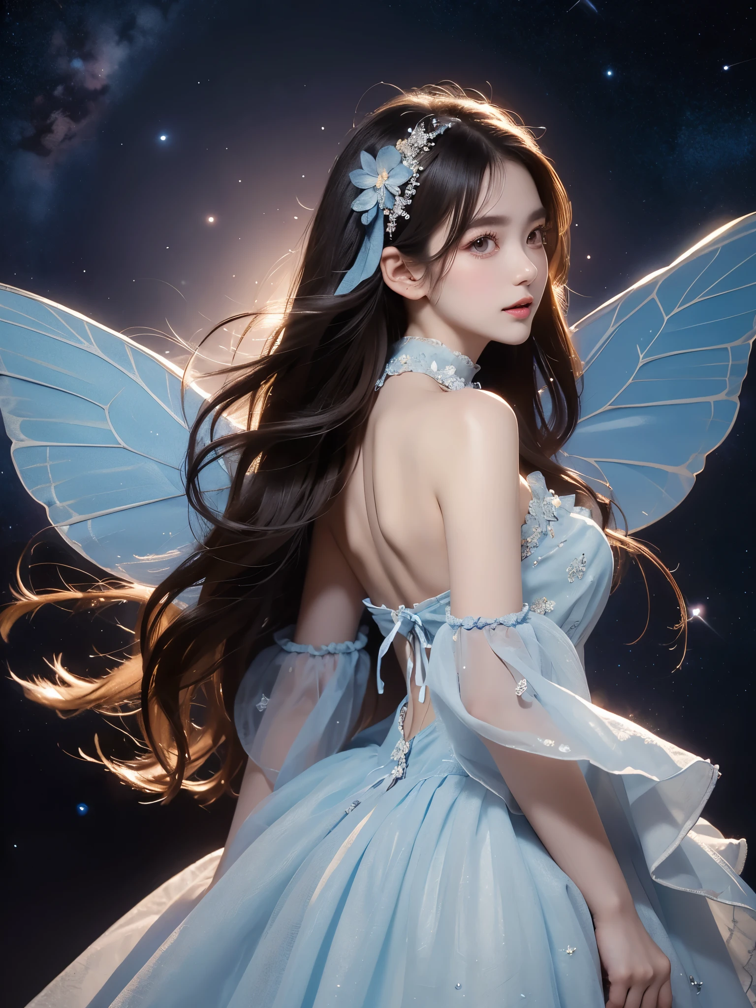 blue dress,blue sleeves,dress bow,layered dress,choker,butterfly wings,hair flower,long dress, (Asian beauty, full body photo: 1.2), (night, starry sky, space scene), (slim athletic figure: 1.1), (visible cleavage: 0.8), (smooth skin, no deformities: 1.2), relaxed posture: (right back support: 1.1), torso slightly back, head tilted, charming smile, hands gently lifted hemline, long shaggy hair flowing, delicate features: (large bright eyes, long eyelashes: 1.1), mouth slightly upturned, expression gentle and confident, (fidelity: 1.1) 1.2), high detail, soft lighting, warm tones